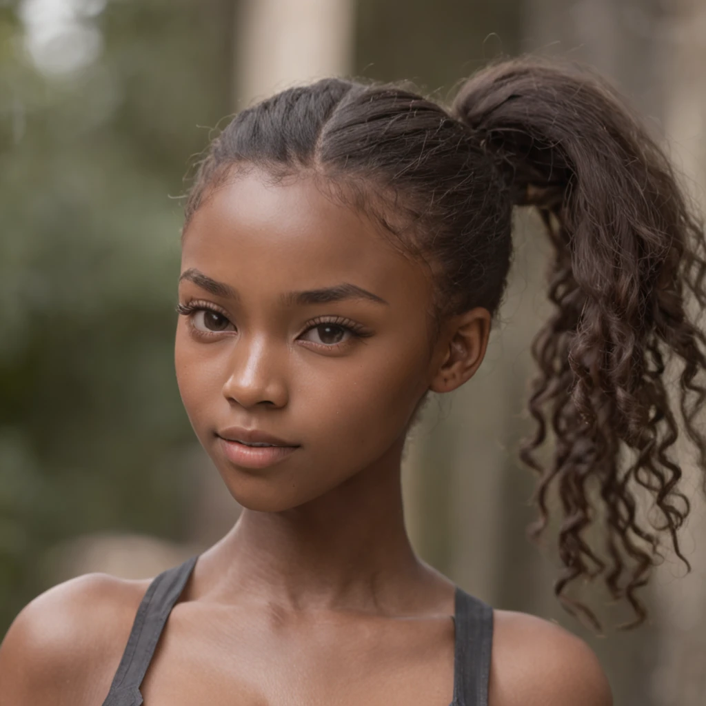 best quality, high detail, (detailed face), detailed eyes,((best quality, masterpiece)), ((2 caramel skinned African girl)), school uniform, (arms at side:1.2), groin,big hip bones, ponytail, black hair, (((underboob))), standing, outdoors, facing side ways