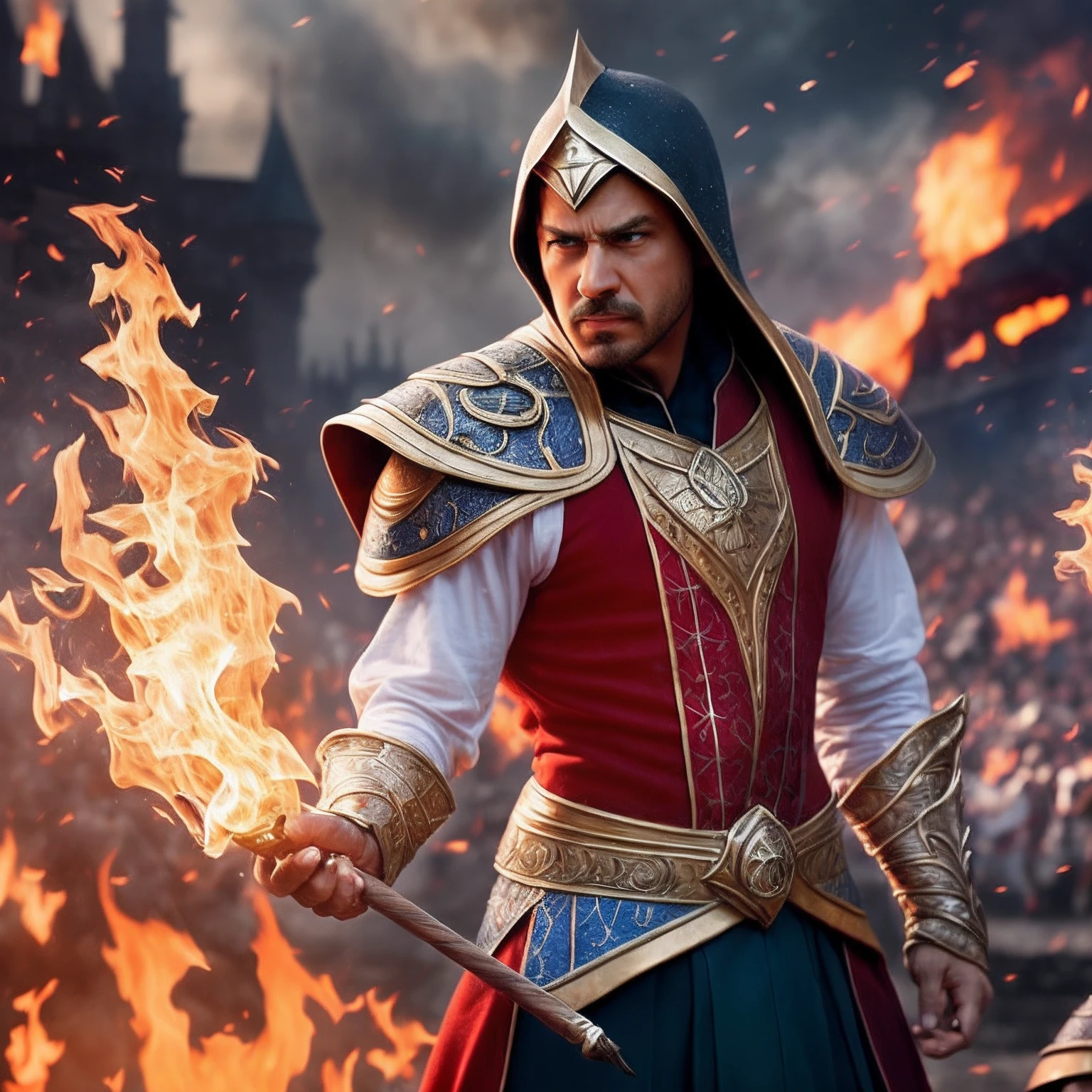 1100 years. powerful sorcerers clashed in a spectacular show of magical power. Lots of details. close-up. Disney cartoon style. super realistic, cinematic. Blurred background Mysterious arena, Smoke, fire --auto --s2
