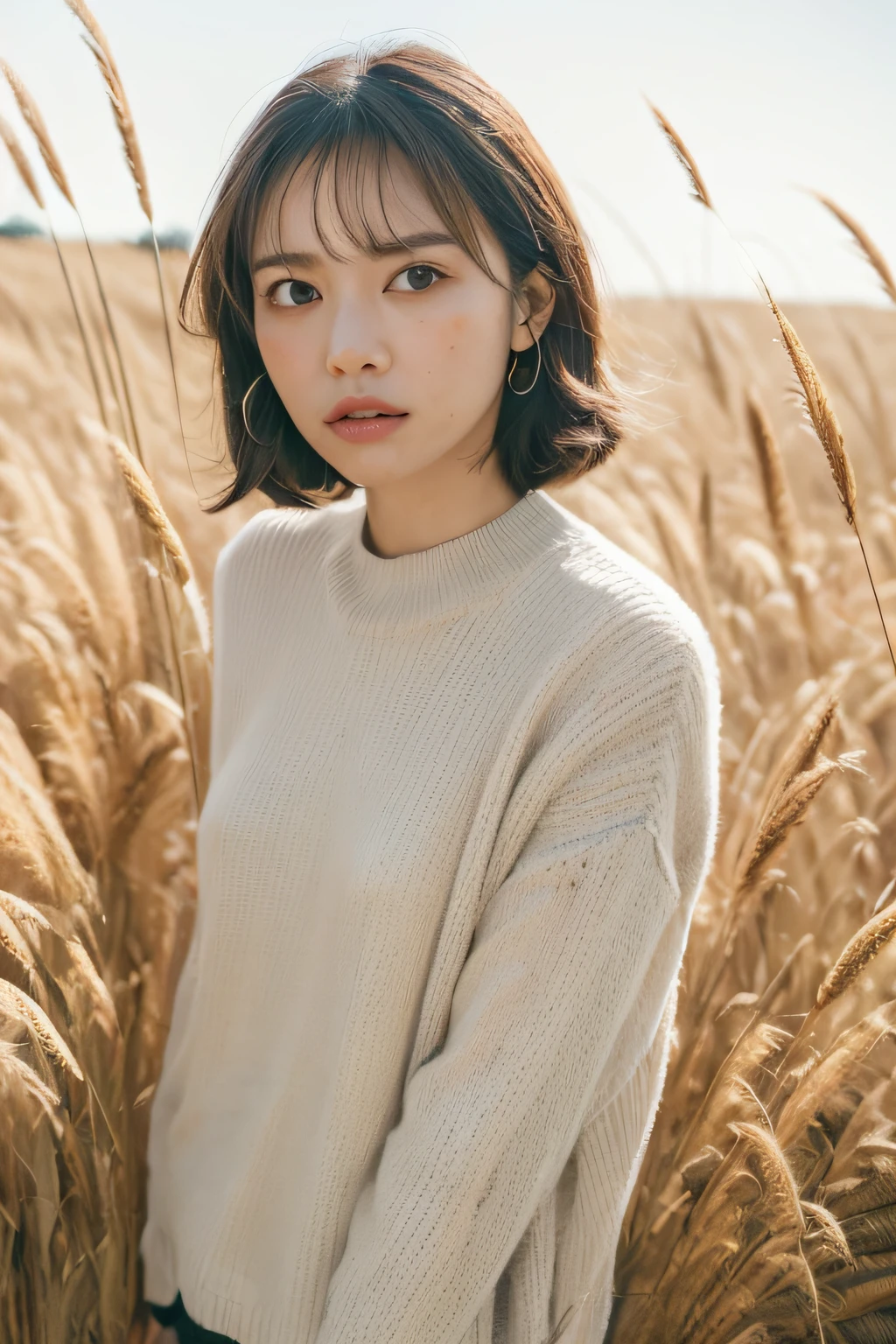 (8K、top-quality、masutepiece、超A high resolution:1.2) (Pingfang＆Chen and Okayastomo's style:1.1) (Beautiful autumn in pampas grass:1.4) Photo of one beautiful Japan woman、Sweaters、fully body photo