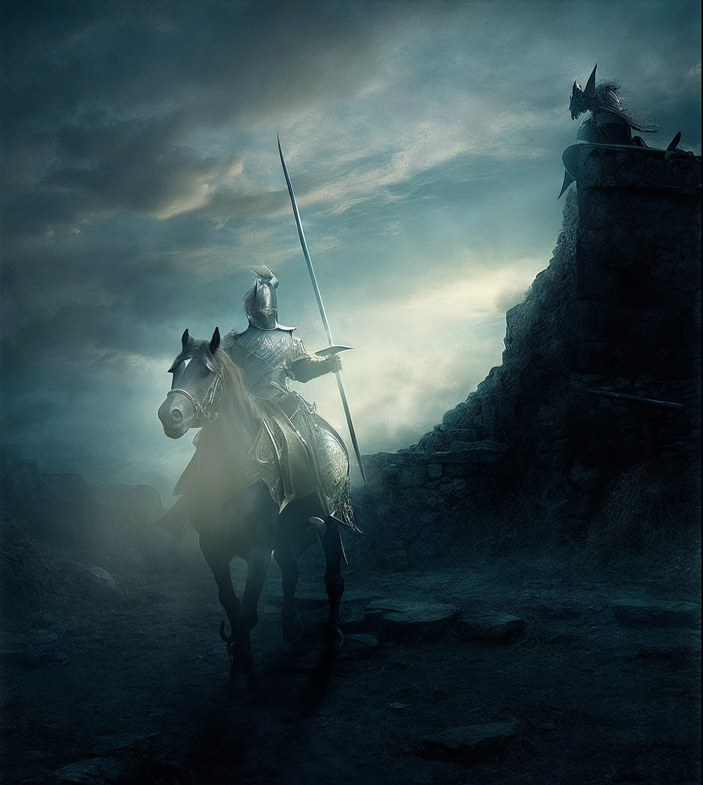 In the darkness there was a man riding a horse with a sword, knight on horseback, author:Adam Maczynski, fantasy knight, gothic knight, Warriors fighting in dark scenes, scary knight, cavalier, medieval dark fantasy, High quality fantasy stock photo, author:Darek Zabroki, the rider carries a large sword, Medieval knight