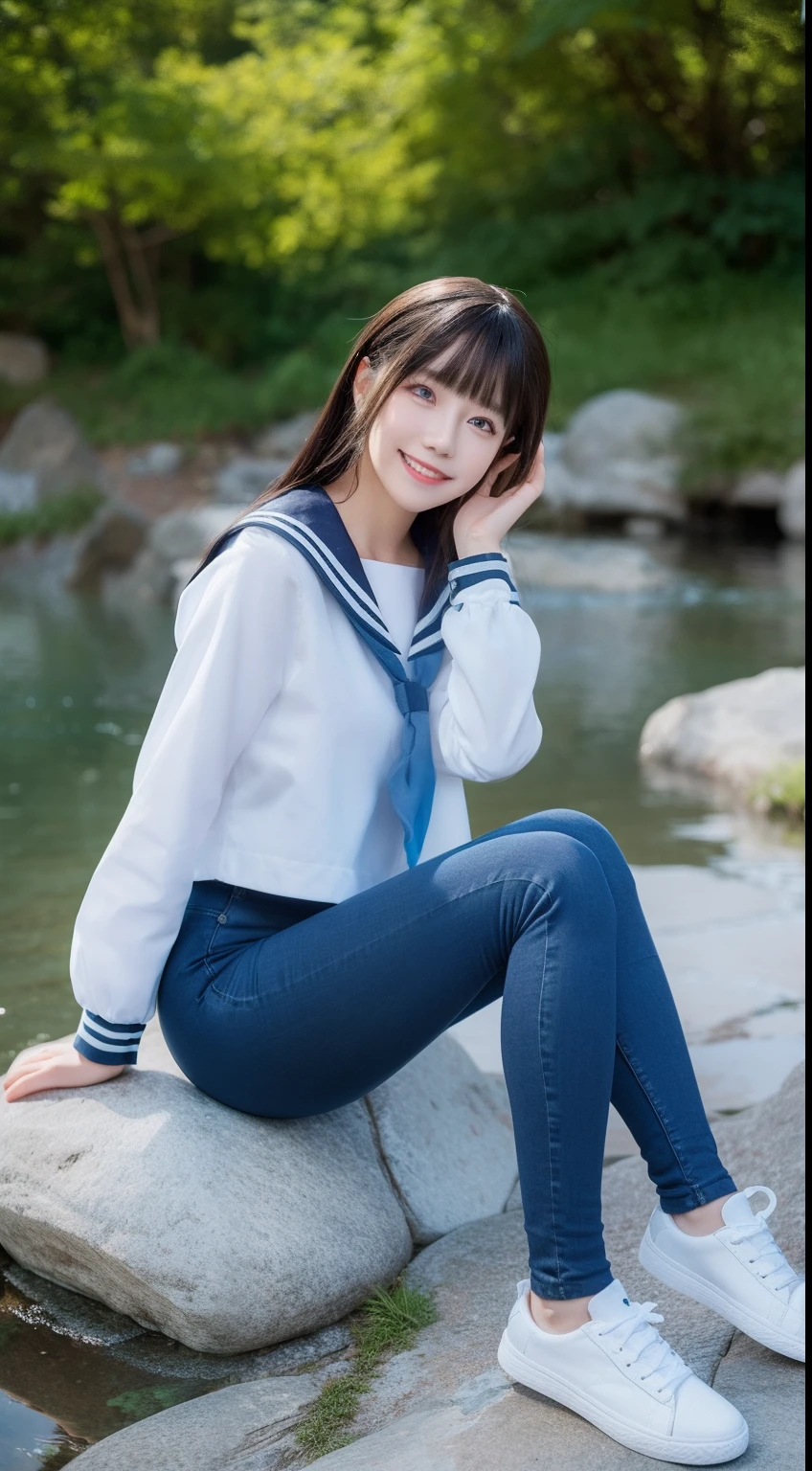 A smiling girl,In sailor suit,Blue skinny jeans,athletic sneakers,Sitting on a large rock by the pond,com rosto detalhado,The eyes are delicate,The photo quality is the best,Realistic image quality,Background diffuse lighting,Depth of field display。