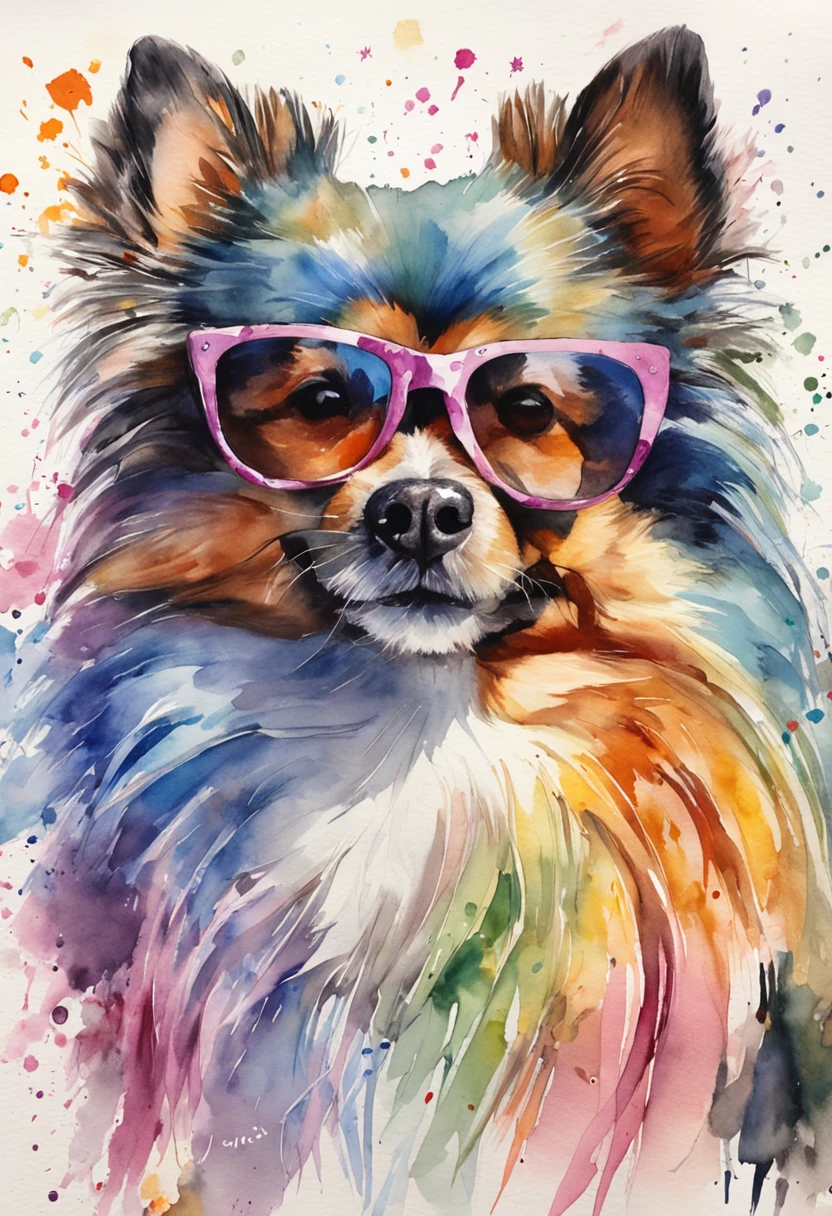 A Pomeranian Lulu full of attitude, wearing colored sunglasses, deslizando em uma onda gigante, with all the detail and definition of this incredible experience.