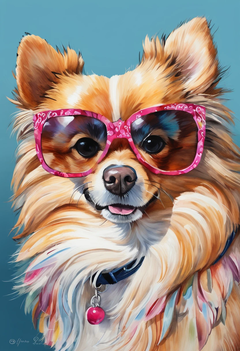 A Pomeranian Lulu full of attitude, wearing colored sunglasses, deslizando em uma onda gigante, with all the detail and definition of this incredible experience.