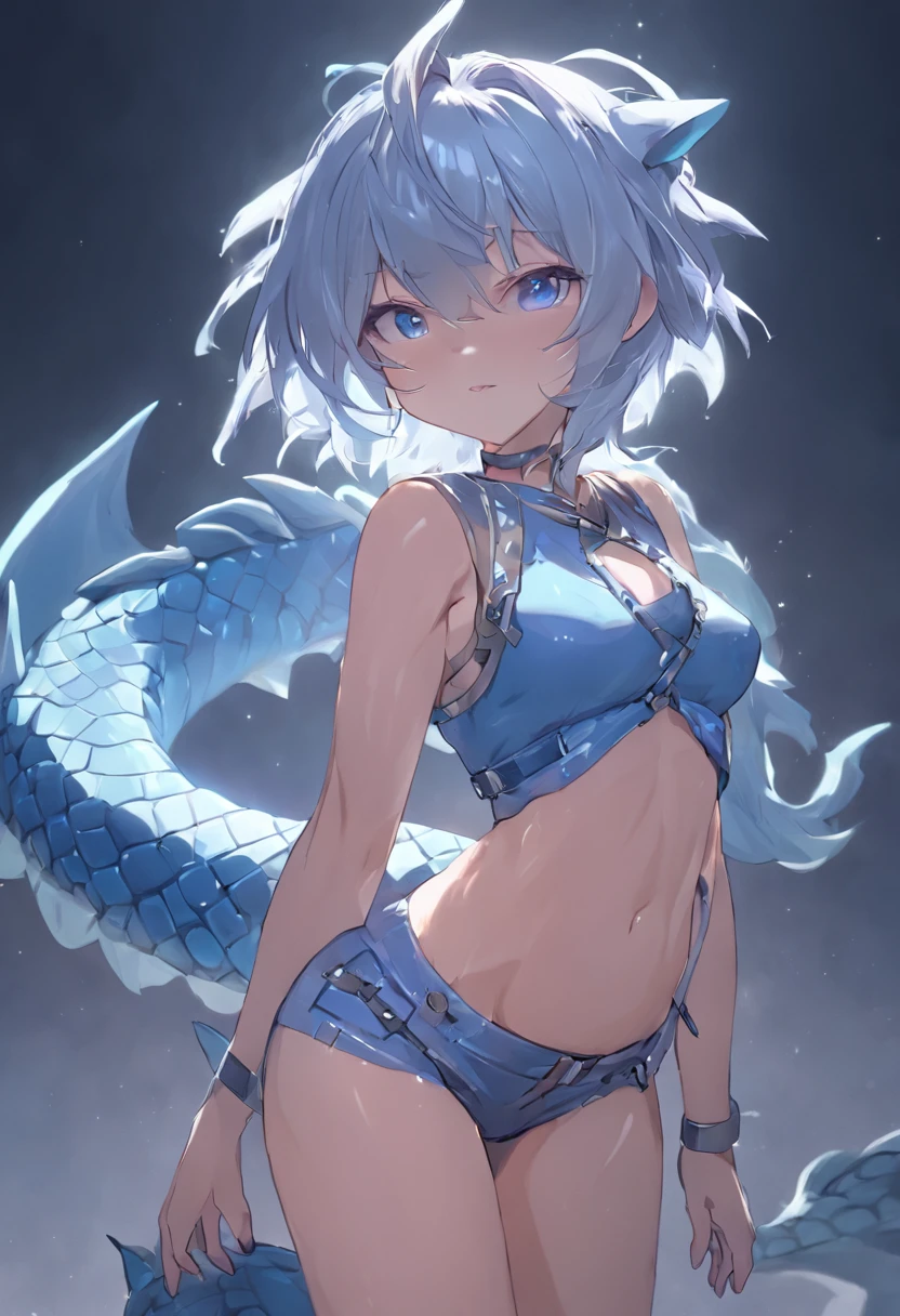 4K, high resolution, Best quality, Masterpiece, perfect colors, perfectly shaded, Perfect lighting, anthro, Furry art, majestic dragon, scutes，Bicolor scales，Silvery hair，A blue scaly body, blue color eyes, Perfect female body, Perfect female figure, Wear women's crop top and shorts, Dragon's horns, Abs, musculature, Detailed scales, Detailed face, Perfect face, (The stands up), Detailed background, ((Bonifasko lighting)), coda, (Detailed eyes), perfect pupils,