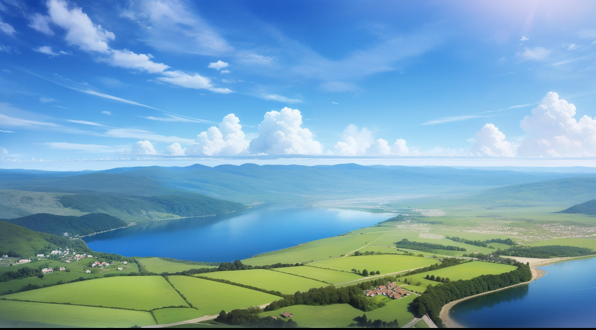 Small village Blue sky，There are several white clouds floating above，There is a lake next to the village，Hupo water is crystal clear