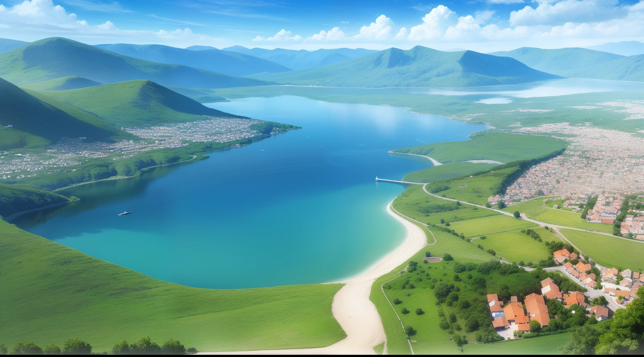 Small village Blue sky,There are several white clouds floating above,There is a lake next to the village,Hupo water is crystal clear