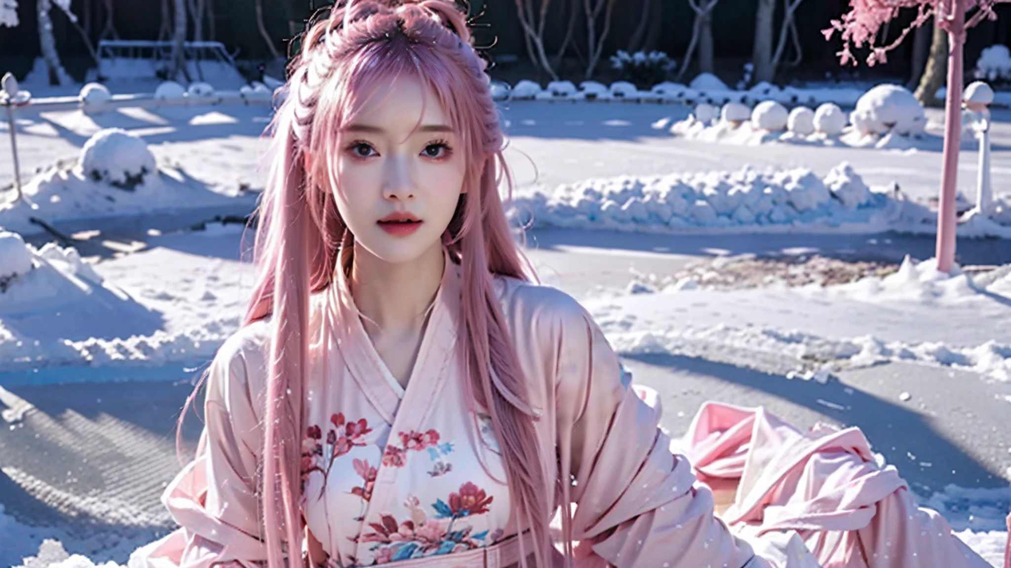 face lighting,bright backlight,medium breasts,super high resolution,best quality,Photos,4k,(Realistic:1.2),1girl,Pink hair,(Snow:1.2),hanfu,sky blue clothes,Half-body phase,
