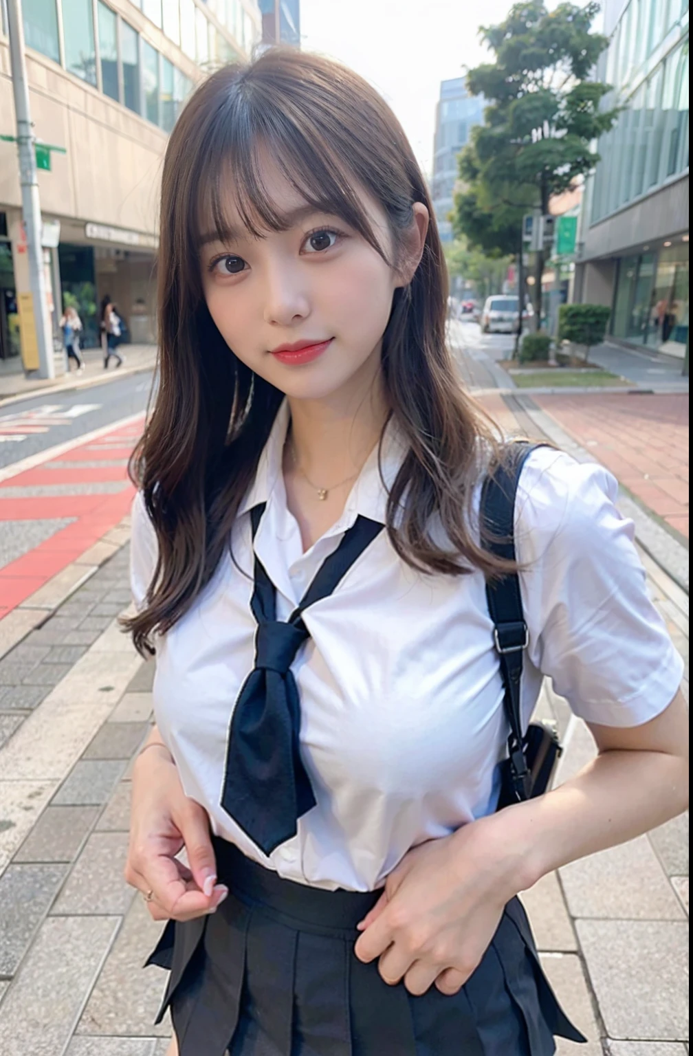 walkway、RAW Photography、8K、top-quality、超A high resolution、beautiful faces detailed、Real human skin、Gentle expression、front-facing view、angle from bellow、length hair、realisitic、realisitic、cute little、huge tit、large boob、a short skirt、Standing deep in the city、cute school girl、Japan schoolgirl uniform、Japan wearing school uniform、surreal high school girl、full bodyesbian、