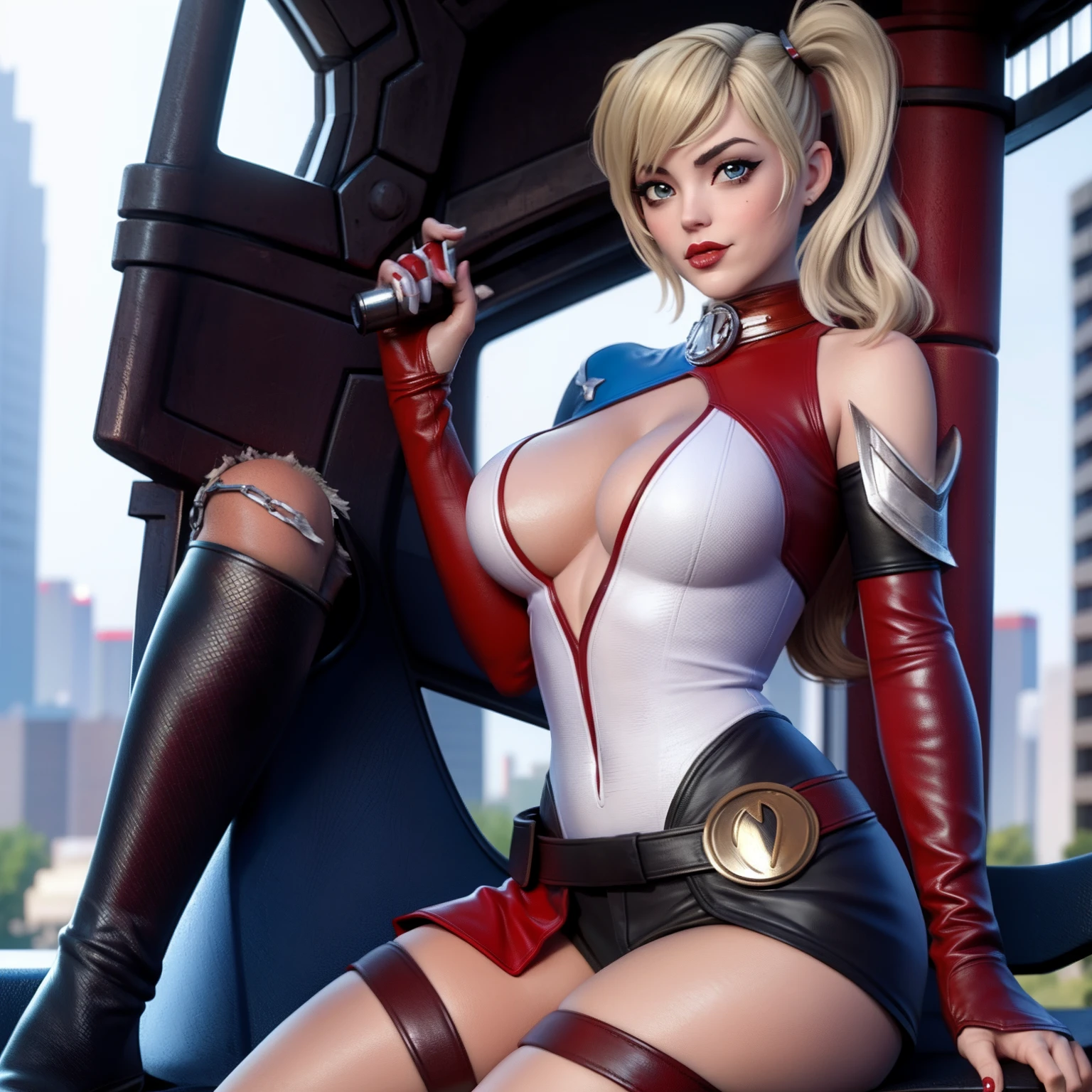 Harley Quinn merge with power girl, sexy, sitting on bench, metropolitan background, sexy, alluring, sensual