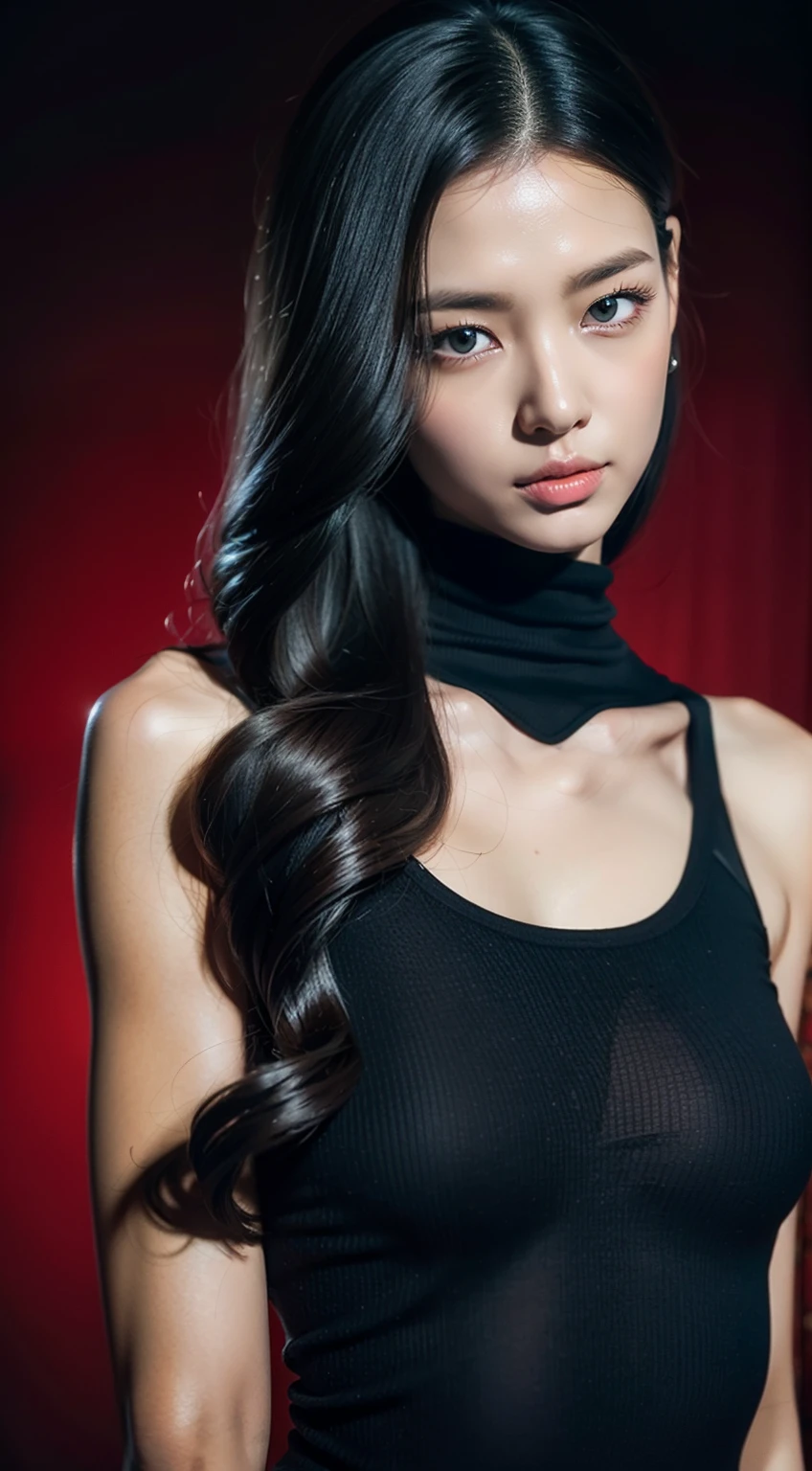 (8K分辨率,Full-body photos,close up photograph),(1womanl,age 22,((Lean skeletal face,Flushed face,s delicate face,详细的脸),Slightly squinted eyes,Seductive smile,(Long hair micro-curls)),Fair smooth skin,(Best Skin Type:1.21),busty figure,((A turtleneck tights that wrap around the whole body,(materpiece:latex,rubbery,Zipper all the way to the end)),Tall and tall,(tempting pose,Naturally placed hands),delicate artwork,perfect hand,Ultra-fine clothing material),(Luxurious living room,Deep view,Exquisite details of the setting),(Professional lighting,Artistic lighting),((Noble and sexy,black in color,white colors,red colour,purpleish color))),(Golden section,Cinema lenses,Hasselblad photograp,tmasterpiece:1.3),(Bundle art,fashion art,Official propaganda,Art platform)