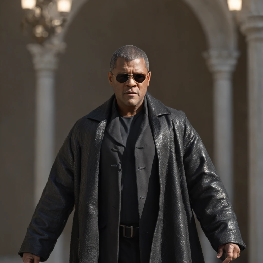 (professional 3d render:1.3) af (Realistic:1.3) most beautiful perfect artwork photo in the world of a full-length cinematic HDR still shot of Laurence Fishburne Morpheus wearing black Fishburne Alligator Coat , fighting Agent in "The Matrix" film from 1999