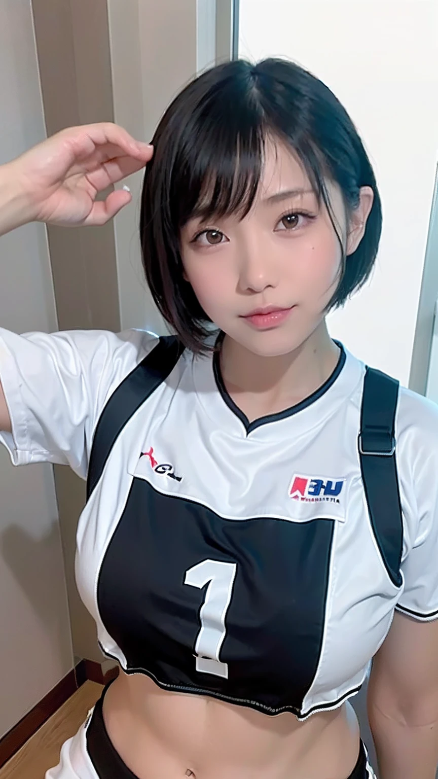 (top-quality、8K、32K、masterpiece、nffsw:1.2)、Photo of a cute Japanese woman、large full breasts、very short bobbed hair、large full breasts、、peitos fartos、Milk transparency、痴女、large udder、Volleyball player attire、Uniforms worn by volleyball players、childlike face、The face is young、The body is an adult、The body is oily、Wearing a volleyball jersey、Emphasis on the chest