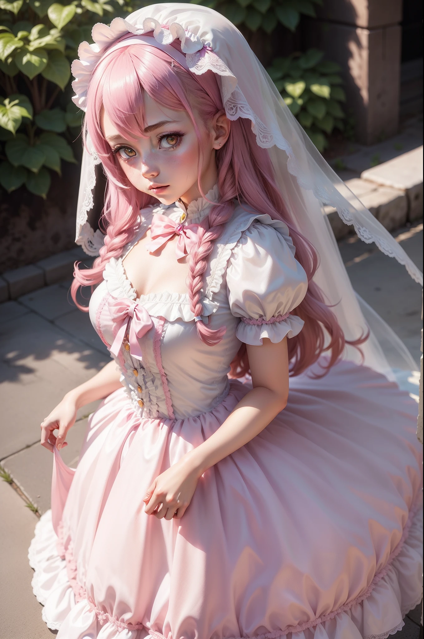 There is a woman in a pink dress and a white veil, portrait of magical lolita girl,The chest is particularly full，Get wet，Make the skirt translucent，A large part of the chest is not covered by clothing，cosplay of a catboy! maid! dress, loli in dress, Anime girl cosplay, Loli, portrait of radical lolita girl, Anime girl in real life, portrait of magical girl, Anime cosplay, belle delphine, Kawaii realistic portrait, portrait of lolita