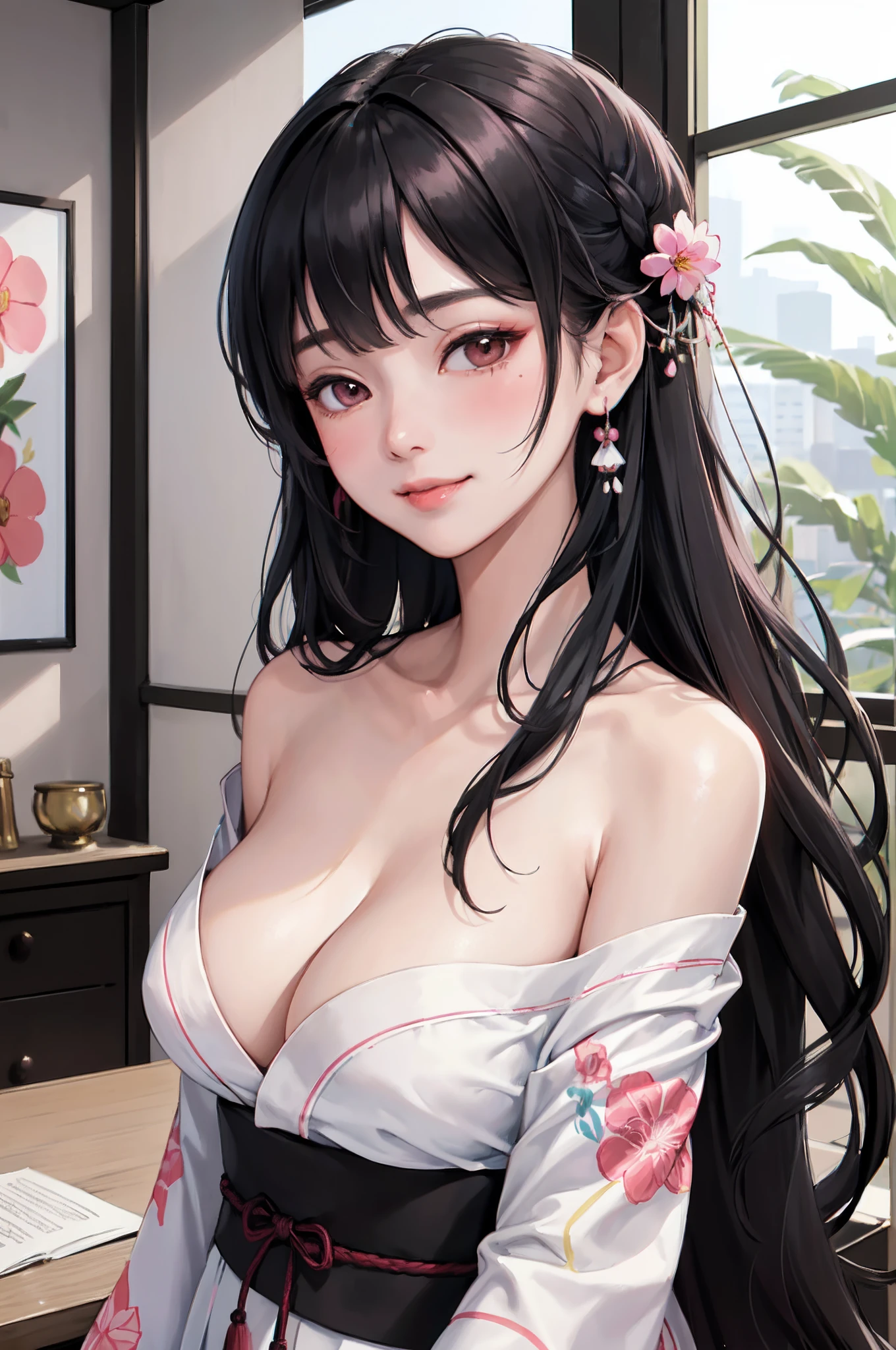 Indoor luxury room, 1 Lady Solo, maturefemale /(Black Long Hair/) Bangs, Colorful yukata, blush gentle smile, (masterpiece best quality:1.3) Delicate Illustration High Resolution Ultra Detailed Perfect Face Beautiful Skin Big Breasts