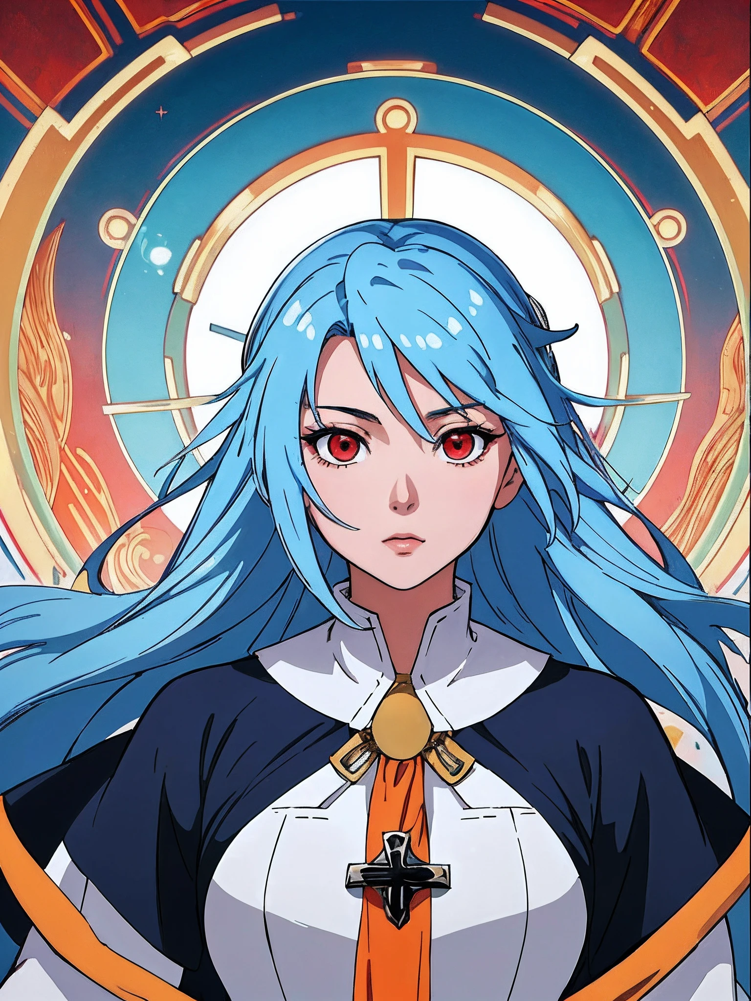 Fantasy background、(​masterpiece、top-quality:1.2)、((facing front:1.2))、With bangs、lightblue hair、Longhaire、red eyes、２０Young woman in age、((The upper part of the body:1.2))、Promotional Art、offcial art、(priestess:1.1)、Wearing a hat with a cross、Cross and blue apron、Orange Inner、With a mace、tits out