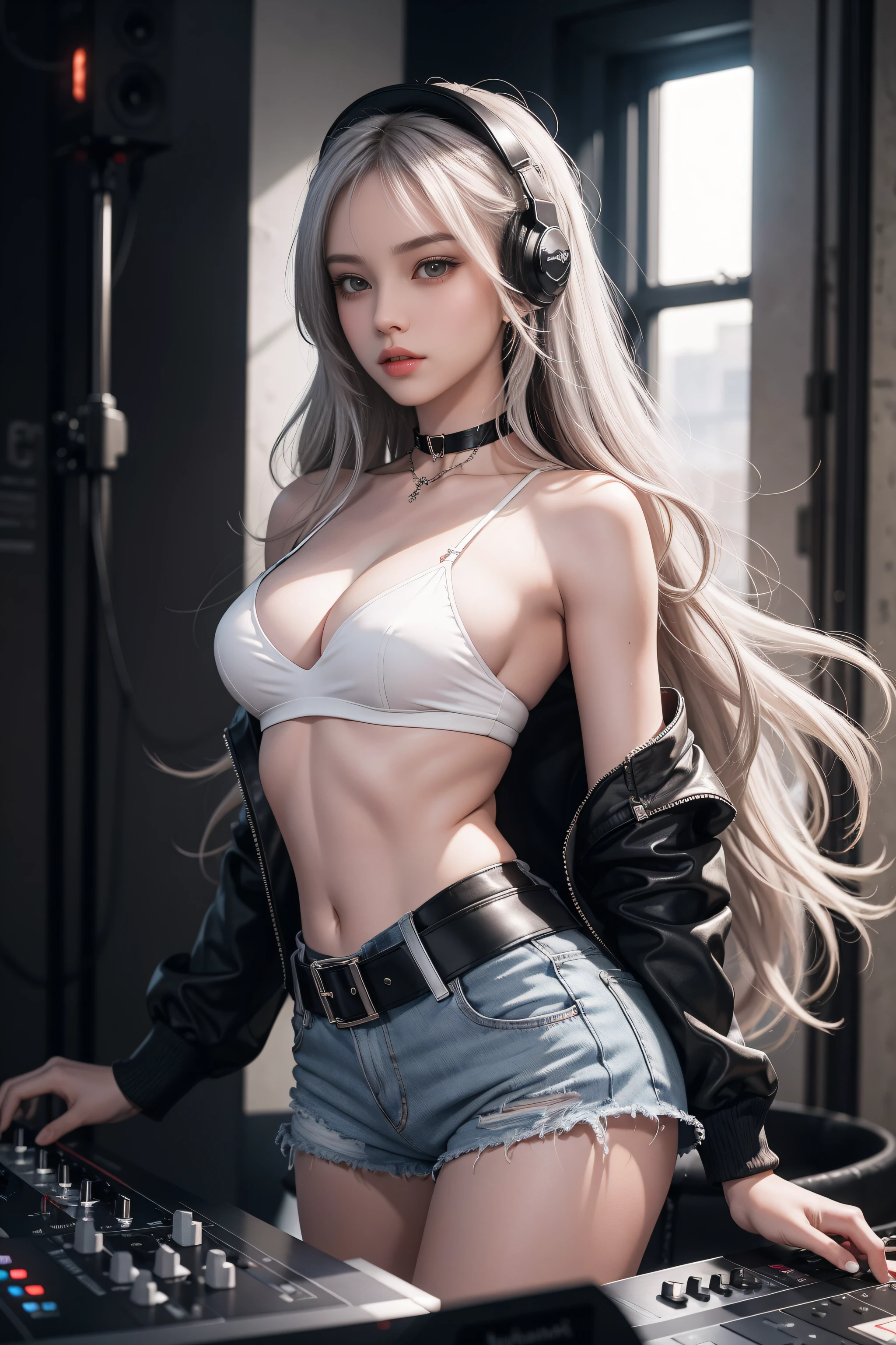 Authentic photography,It's a real picture,clear picture quality,8K分辨率,8K HD CG works,Ultra-clear, high-detail, ultra-fine picture,High-grade, clear and detailed work,Detailed CG image quality:1.1,Super high resolution large files,Advanced pixels,Advanced detailed details,Super technical clarity detail:1.1,Authentic photography,Indoor lighting effects,Natural dimming effect,Light effect(Simulate lighting effects:1.1)A mature woman,Royal sister,DJ goddess,Goddess of electronic sound,Long-haired sister,Long silver hair,Long silver hair,Ultra-fine hair,Clear strands of hair(Super hair details:1.5),Has crimson pupils,A pair of big hooking eyes,Delicate eyelash makeup, Thin eyebrows, Super detailed eyes,lips in red,Sexy big red lips, rosycheeks, Delicate makeup for the face , Pretty face, a face with perfect proportion,(Advanced facial details:1.1),choker necklace,耳Nipple Ring,Bracelet,waist chains,With cool headphones,Black leather shorts,White camisole with black jacket,Female DJ dress-up,DJing on the ballroom,Female DJ playing,Electric DJ series,Format picture,Mature series works,Authentic photography,album covers,真实感,Amazing
