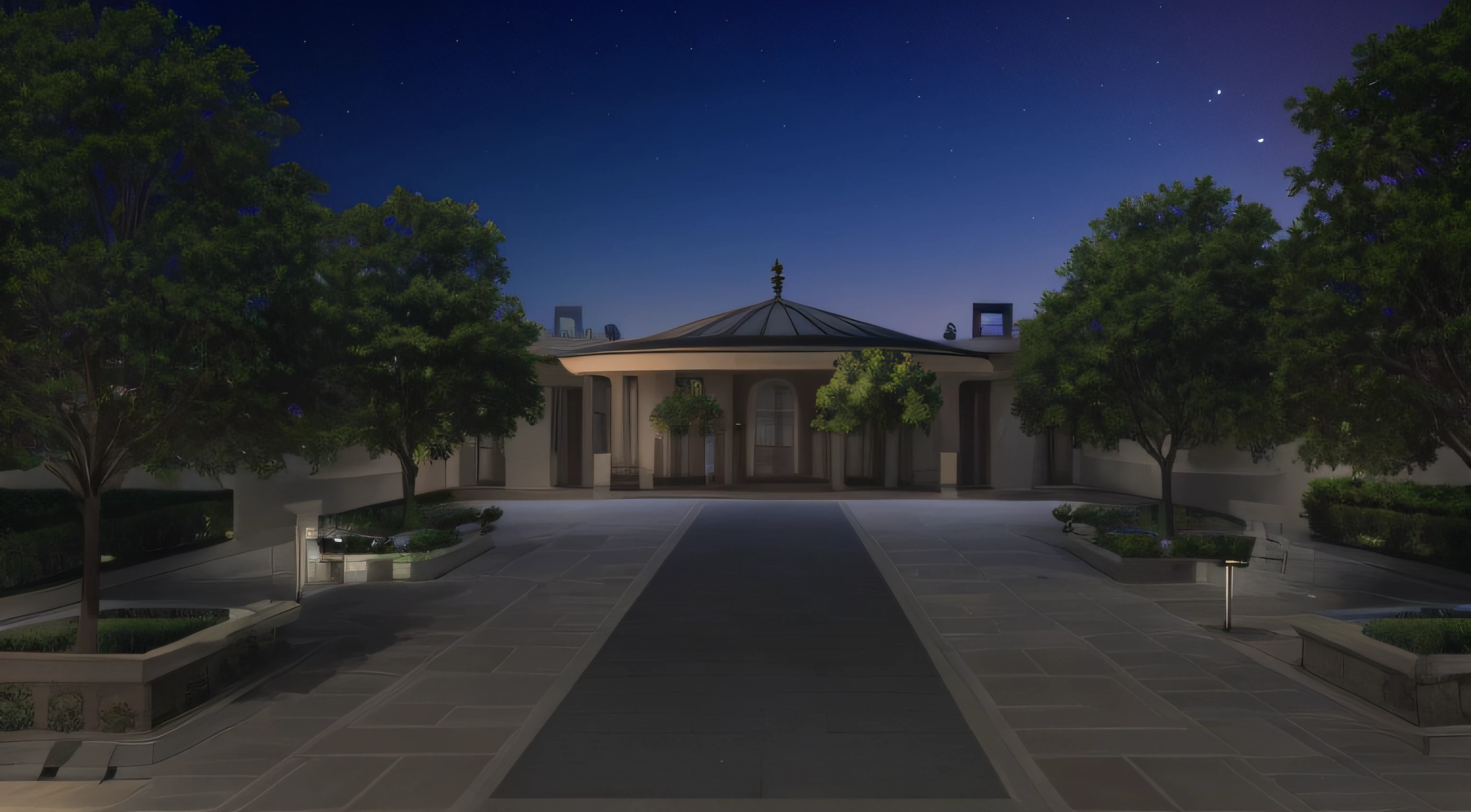 Someone walks the sidewalk of the park, royal garden landscape, green terrace, Formal garden, elegant walkways between towers, a wide open courtyard in an epic, park landscape, inspired by David Chipperfield, landscape architecture photo, rendering, Rendered in Lumion Pro, architectural render, enscape render, A digital rendering, finalrender, insanely detailed rendering,Two-dimensional night sky,Two-dimensional lighting tree,Night Park,