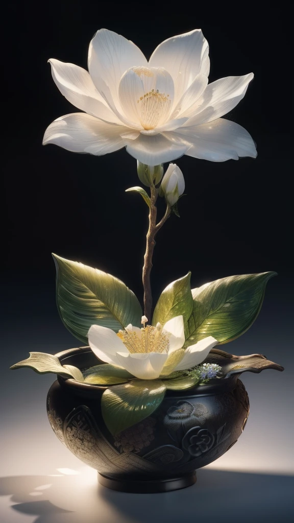 Best quality, Realistic, Photorealistic, Ultra detailed, "Mountain of flowers and fruits+Fairy+Chinese architecture" highly detailed carvings "Southern Ice" porcelain,ultra-wide-angle,emphasis lighting,voluminetric lighting,back lit lighting, (Detailed light),((An extremely delicate and beautiful)),Dramatic_black shadows,Ray_tracing,hdr
