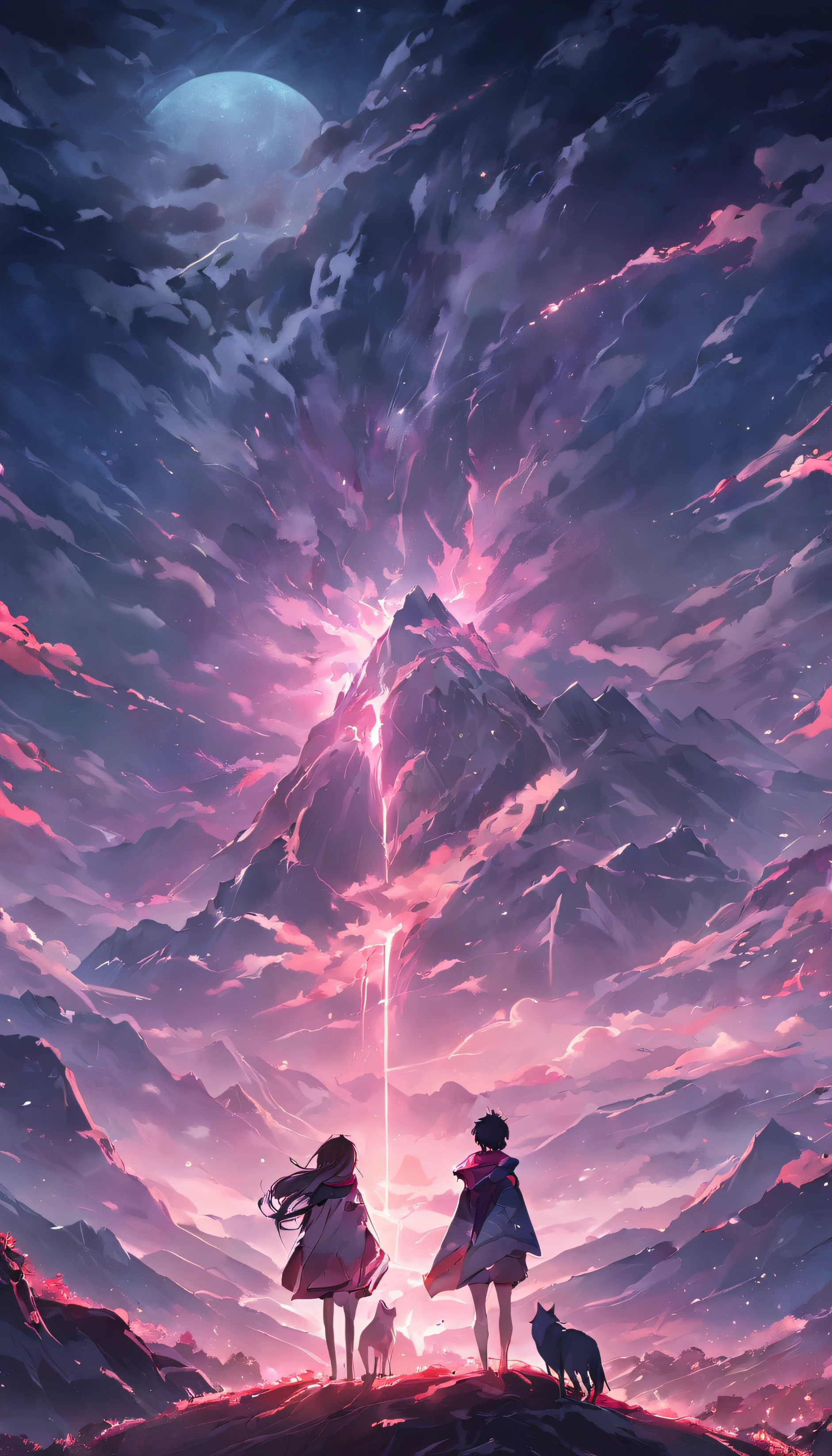 two mountain, wolf and behind the mountain thee is a super moon, nieght vibes, aurora in the sky, there is a lake in the middle, 4K, cinematic