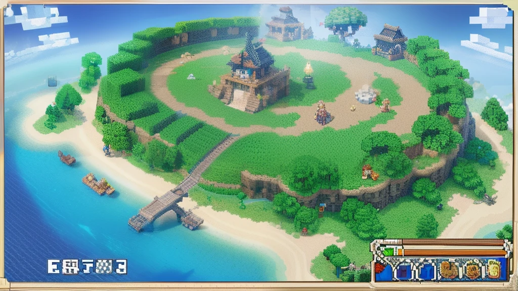 鸟山明风格,Flat pixel games《dragon quest》,Game scene design,(a paradise:1.4),16-bit pixels