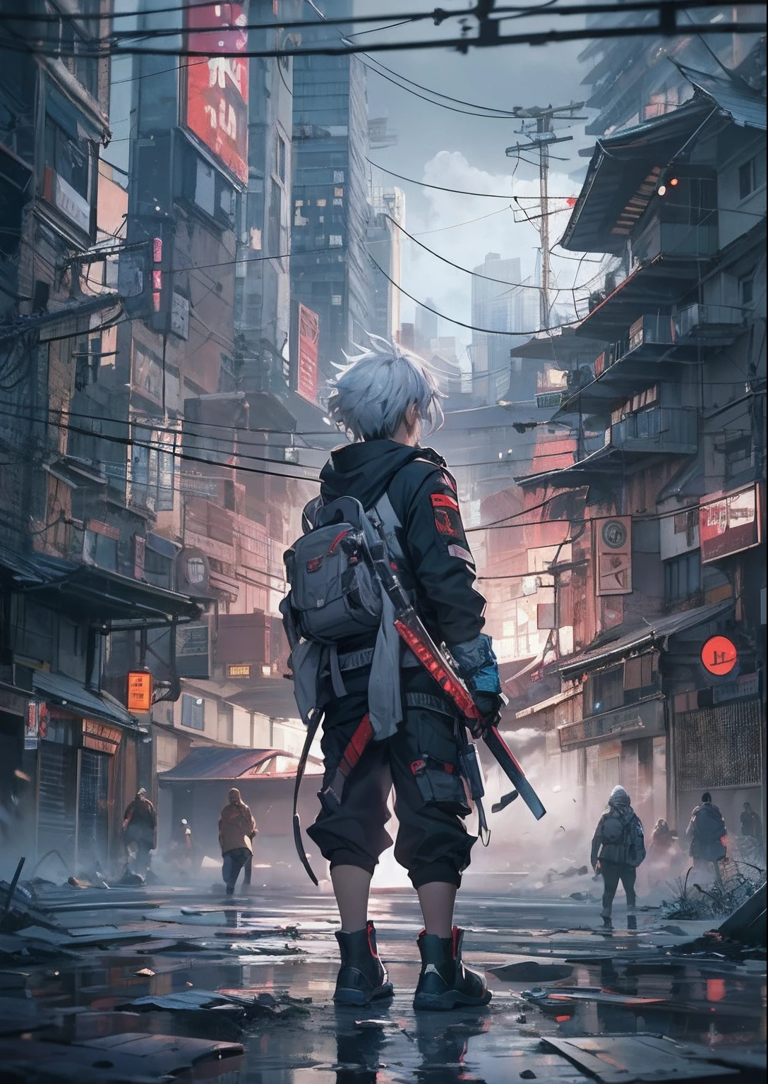 1boy,a 13 yo boy、Cyberpunk Boy、katanas,white  hair、Spiky hairstyle、Whole body bloody、Back lighting,The beginning of the adventure、Lots of clouds,heavy fog、Chaotic city of the future、ruined and devastated city、dystopian、A very complex group of buildings stands in the center、Highly complex Chinese buildings、Pretty dim lighting、Dark road、puddles、Chaotic landscape、Beautiful and fantastic scenery、Cinematic scenery、hightquality、masutepiece,8K、hight resolution、ultra-detailliert,