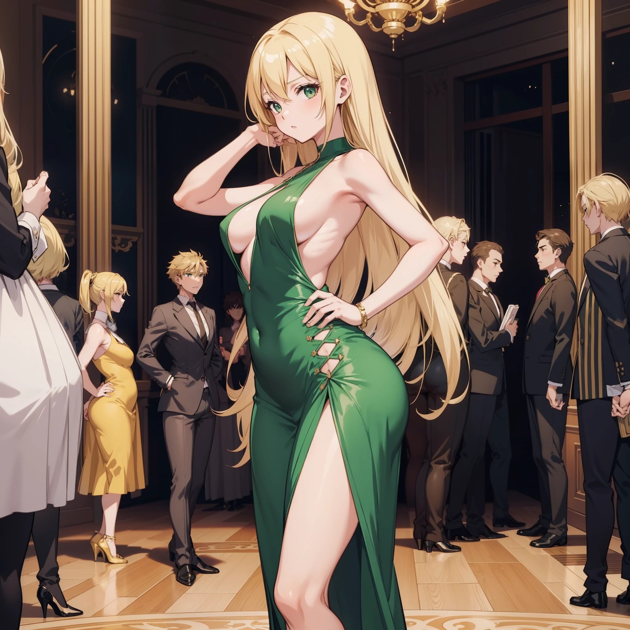 Anime girl, shoulder lengths blonde hair, short Green Party dress, sexy, posing, at a fancy ballroom, hourglass figure, curvy, skinny, full body shot, hand on hip, very small waist, big ass