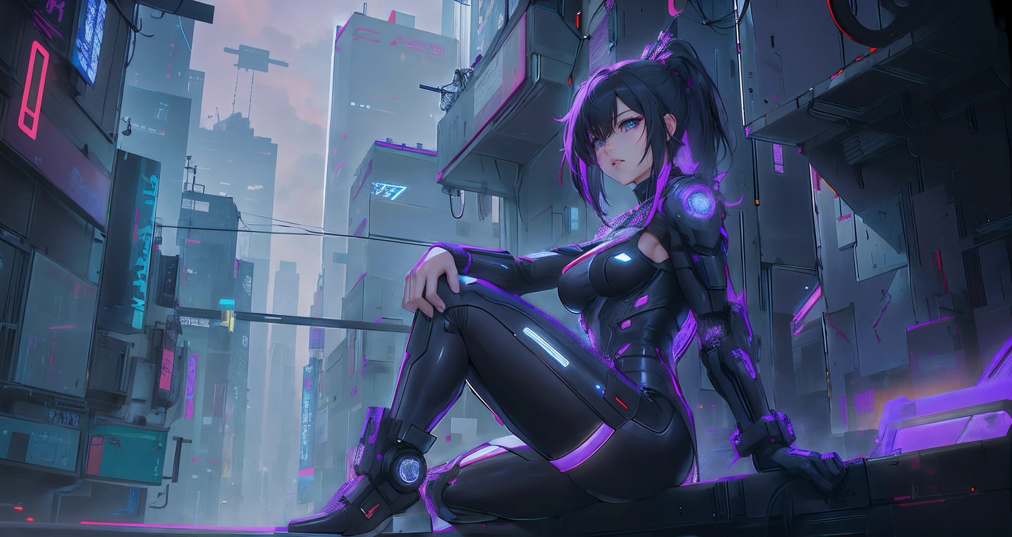 Cyber girl sitting on a ledge in the city at night。Cyberpunk anime art envelops her as digital worlds intersect。Modern cyberpunk art style illuminated by neon lights、It depicts a fusion of an anime girl and a mecha.。This art with a cyberpunk theme is、Feel like a dreamy future。With the scenery of a cyberpunk city lined with skyscrapers、Her presence is enchanting,、It seems to be wrapped in a mysterious magic。