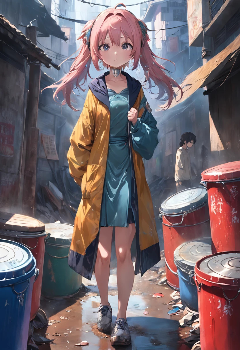 dirty,Very big,Drums,Tin,Silver,Coppery,dustbin,People karma,No men,No women,1 trash can,1 canister,Frontview,8K image quality,the anime