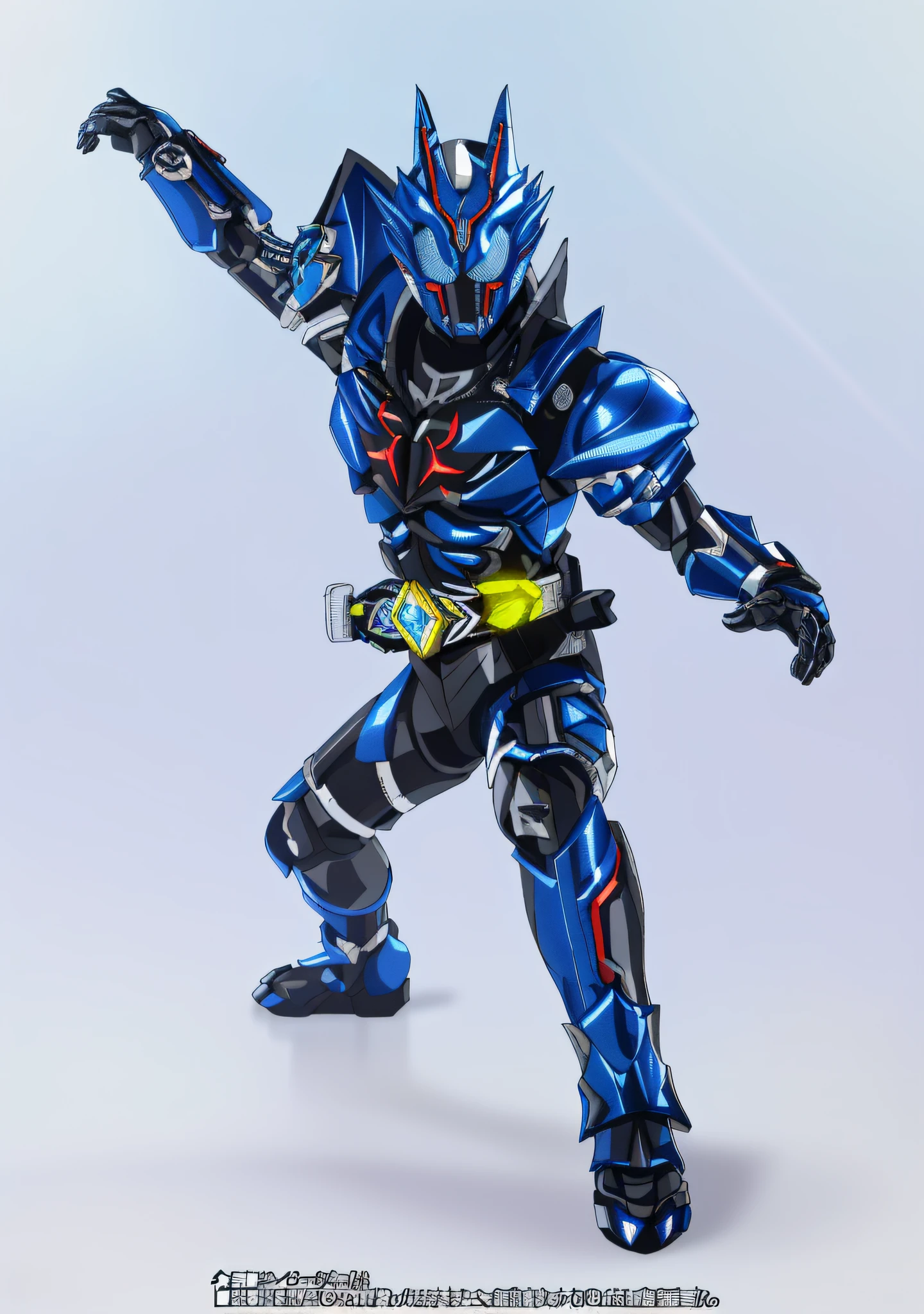 Close up of toy characters with blue and black robots, kamen rider action pose, high fantasy kamen rider, kamen rider character, Kamen Rider, cyber japan style armor, kamen rider ghost, cyber japan armor, fourze, shirow masamune, ultra hyper-detailed, battle action pose, Official product photo, Blue Indian Thunderbolt, detailled image