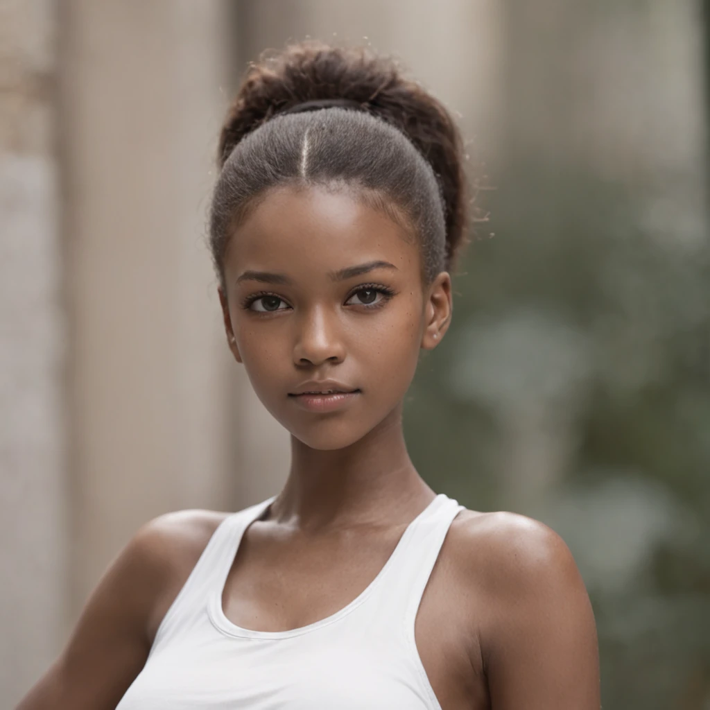 best quality, high detail, (detailed face), detailed eyes,((best quality, masterpiece)), ((2 caramel skinned African girl)), school uniform, (arms at side:1.2), groin,big hip bones, ponytail, black hair, (((underboob))), standing, indoors, facing side ways
