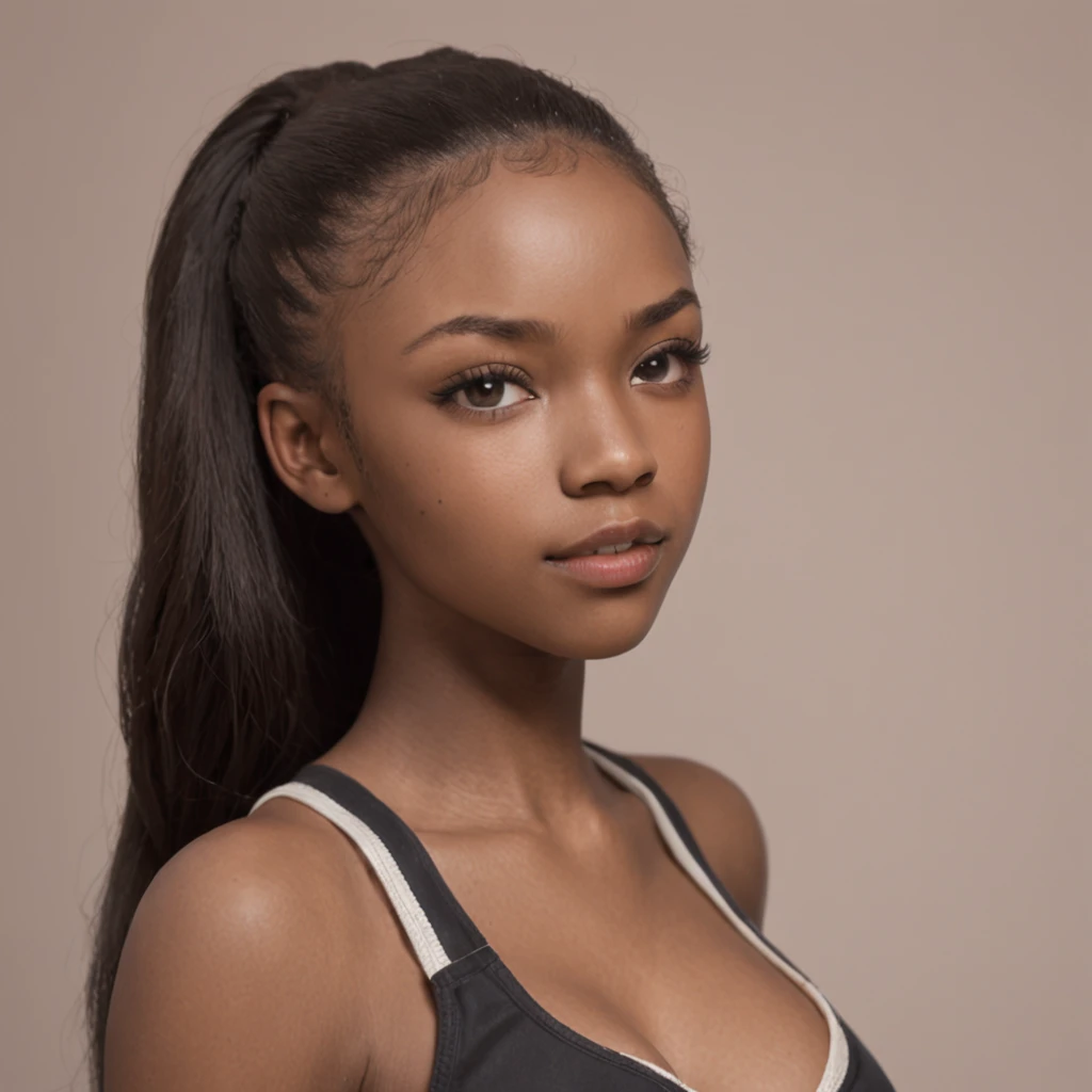 best quality, high detail, (detailed face), detailed eyes,((best quality, masterpiece)), ((2 caramel skinned African girl)), school uniform, (arms at side:1.2), groin,big hip bones, ponytail, black hair, (((underboob))), standing, indoors, facing side ways