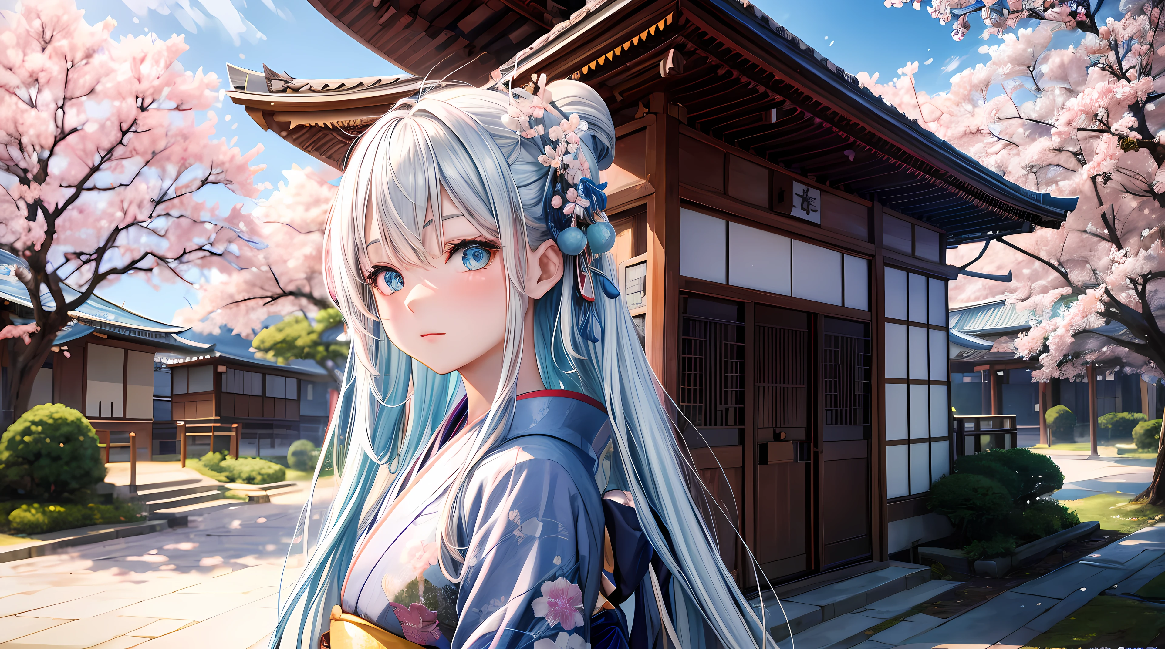 1girl, long silver hair, blue cyan eyes, wearing beautiful japanese kimono, sakura trees, traditional building, high res, ultrasharp, 8k, masterpiece, top body only, close up, looking at viewer