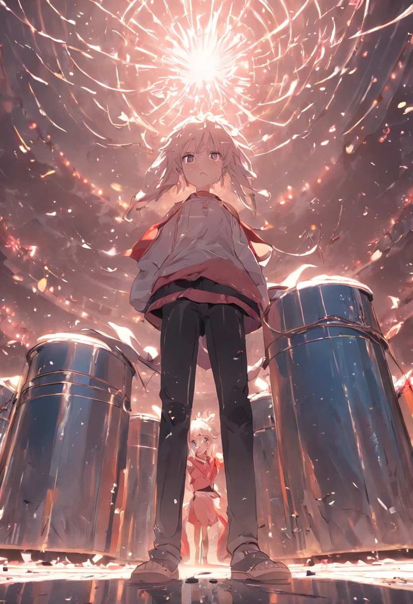 dirty,Very big,Drums,Tin,Silver,Coppery,dustbin,People karma,No men,No women,1 trash can,1 canister,Frontview,8K image quality,the anime