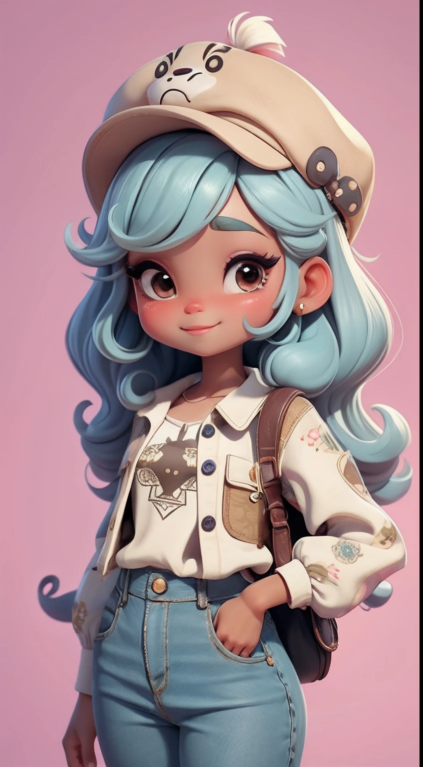 Create a series of cute afro chibi style dolls with a cute safari theme, each with lots of detail and in an 8K resolution. All dolls should follow the same solid background pattern and be complete in the image, mostrando o (corpo inteiro, incluindo as pernas: 1.5)

Boneco Mini Safari: Chame-o de Manuel. Ele deve ter cabelo pequeno em tom multicolorido. Seus olhos devem ser grandes e expressivos, with long eyelashes and rosy cheeks. Sorriso delicado e branco. Manuel deve estar vestido com uma jaqueta, Camiseta, pants and an ornate safari hat. She must hold safari accessories. Certifique-se de adicionar detalhes nas roupas, such as buttons and pockets, sapato bonito

Certifique-se de adicionar sombras, texturas e detalhes nos cabelos, roupas, Safari utensils, to make them even more adorable and charming.
