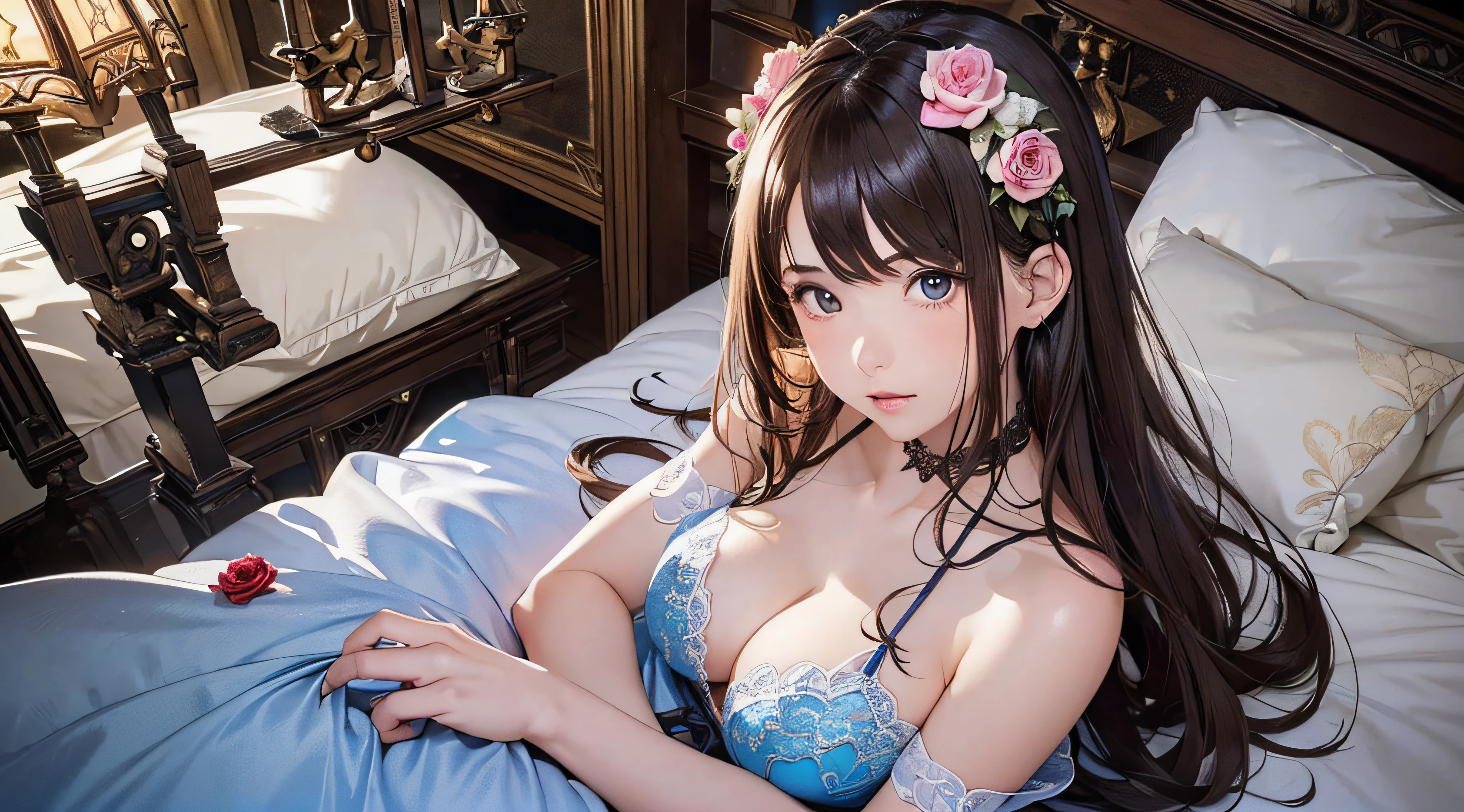 (1girl:1.3), cinematic light, (masterpiece, top quality, best quality, official art, beautiful and aesthetic:1.3), extreme detailed,highest detailed,(ultra-detailed),((an extremely delicate and beautiful)),
From above,(( lying on bed)),
solo, breasts, silky long hair, (brown hair), Rose flowers scattered all over the bed,
lightblue-Lace-nightware, open breast,