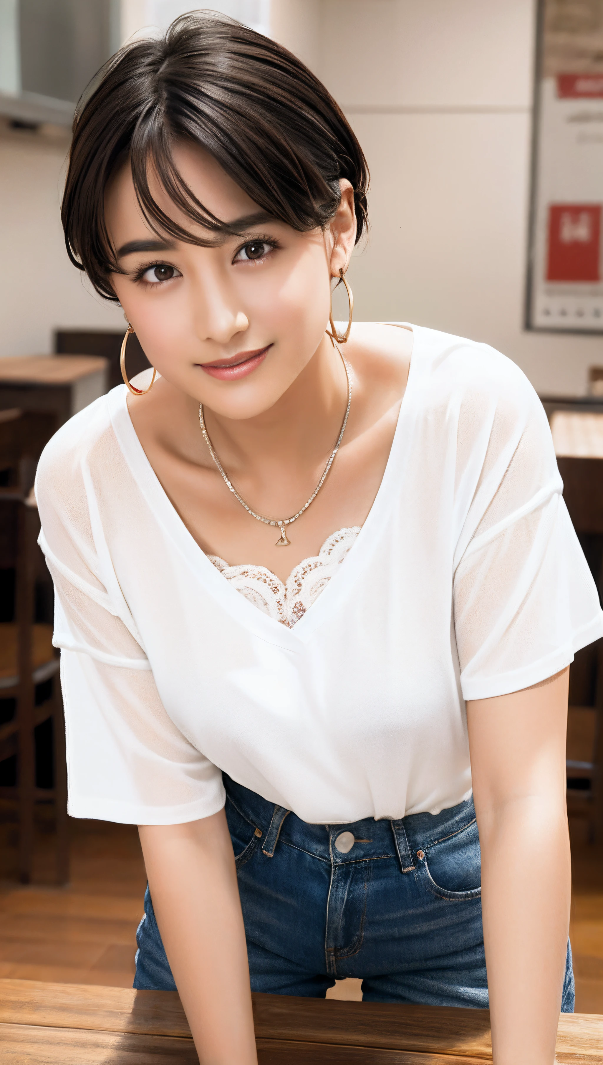 (Best quality, 8k, 32k, Masterpiece, UHD:1.2),Photo of Pretty Japanese woman, 1gril,black short hair,large breasts,(detailed white loose t-shirt:1.2),denim pants,necklace,(detailed lace bra:1.05),(leaning forward:1.8),looking at viewer,pov,looking down,across table,(hands on table:1.1),smile,in cafe,upper body, all fours