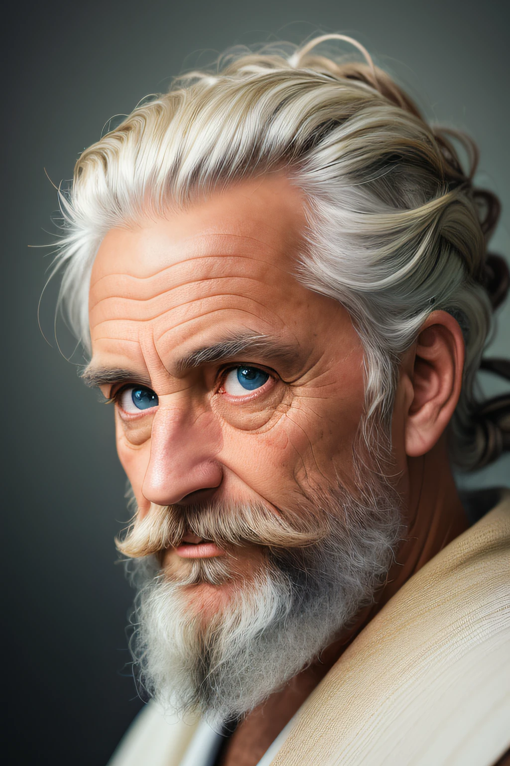 Dark theme, Hyper-Resolution, Ultra photo realsisim, hdr, Absyrdres, cinema shot, Vignette, Centered, Short degrees of freedom,
A close-up portrait of an old man, Ancient Greek, philosopher, stoic, looking at the camera in,
Old blue eyes,
Short white hair, A braid of curly hair, White Viking beard,
Missing teeth,
Narrow face
Dark skin, Wide shoulders, Weathered by sunlight and water,
Royal twin peaks with gold motif,
Ancient Greece
The camera is focused on the eye, High focal length, Digital SLR, 200mm lens,
photography of:Cristina Otero, Dark Studio, rim lit, twotonelighting, Dimly lit, low tune, Backlight,
