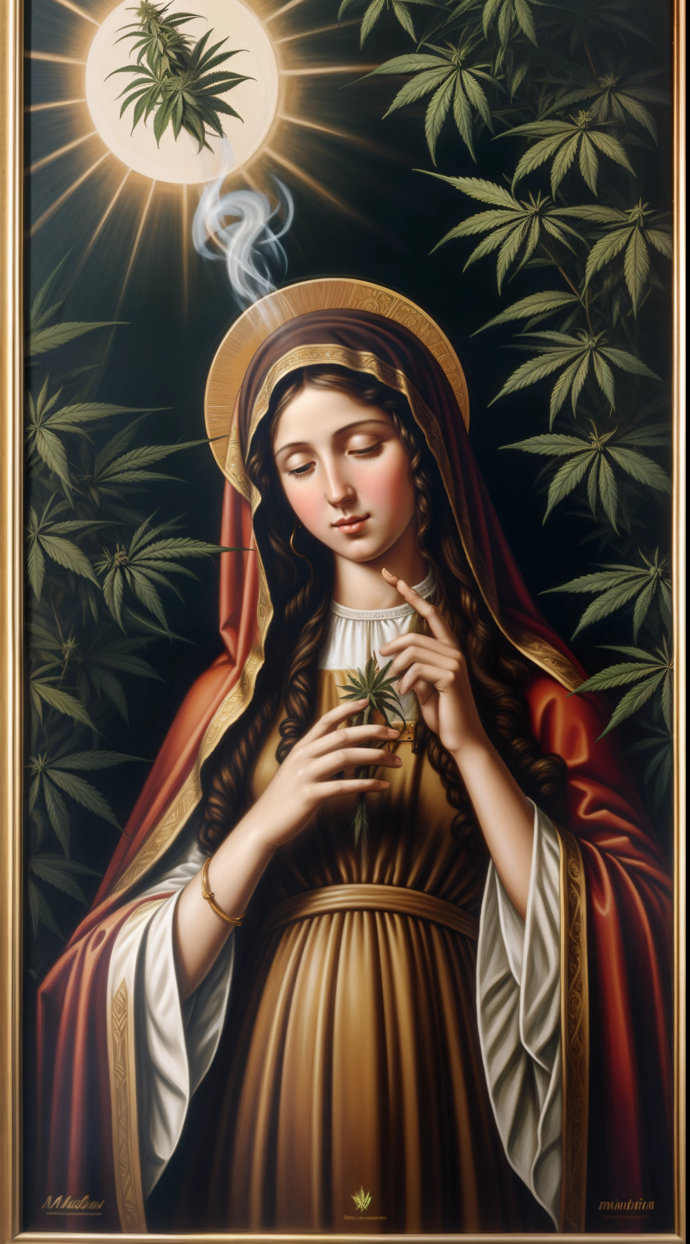 Blessed virgin mary smoking a spliff. Surrounded by cannabis.(1 girl). Mocha style