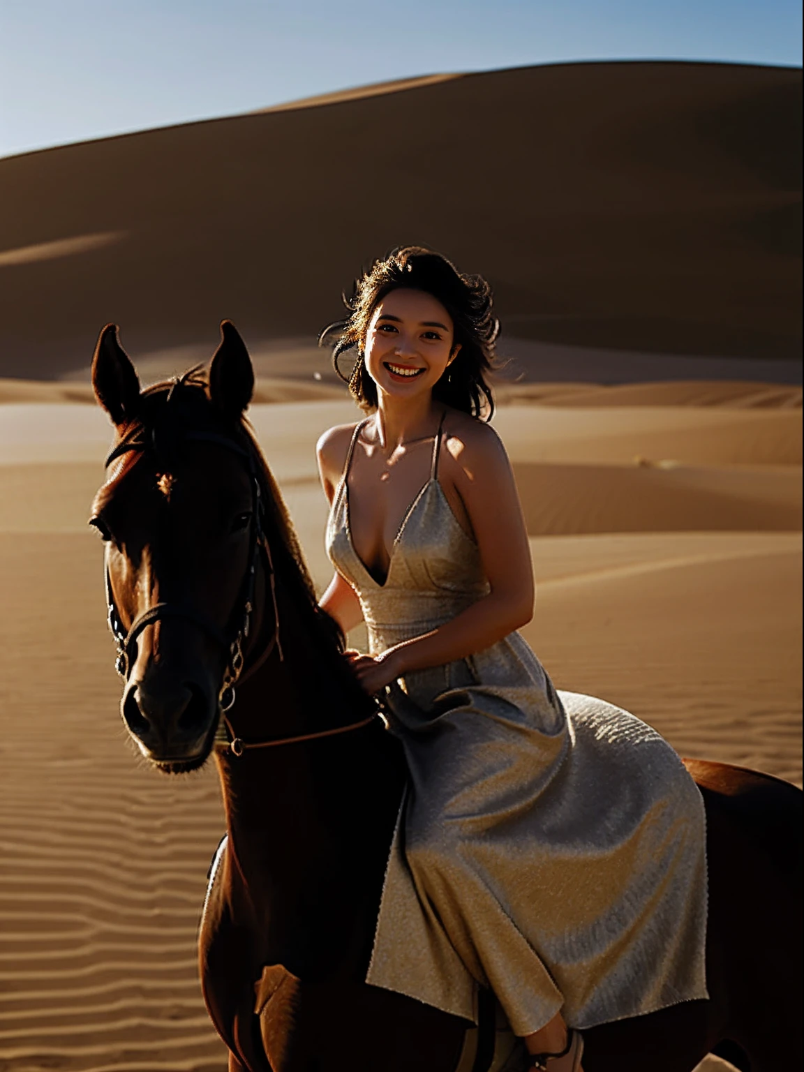 Morning desert,Smiling girl in deep V backless dress,ride horse,High quality,Masterpiece,Medium shot,Cinematic lighting effects,side looking,toplight