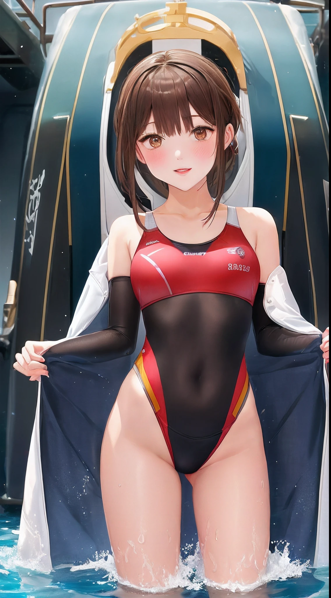 Highly detailed CG Unity 8k wallpapers、top-quality、ultra-detailliert、masterpiece、realisitic、Photorealsitic、extremely detailed cute girl、(25-years old)、red blush、roundly eyes、medium chest、Fulll body Shot、swimming race suit、(on the ship), short hair、Transparent、4men