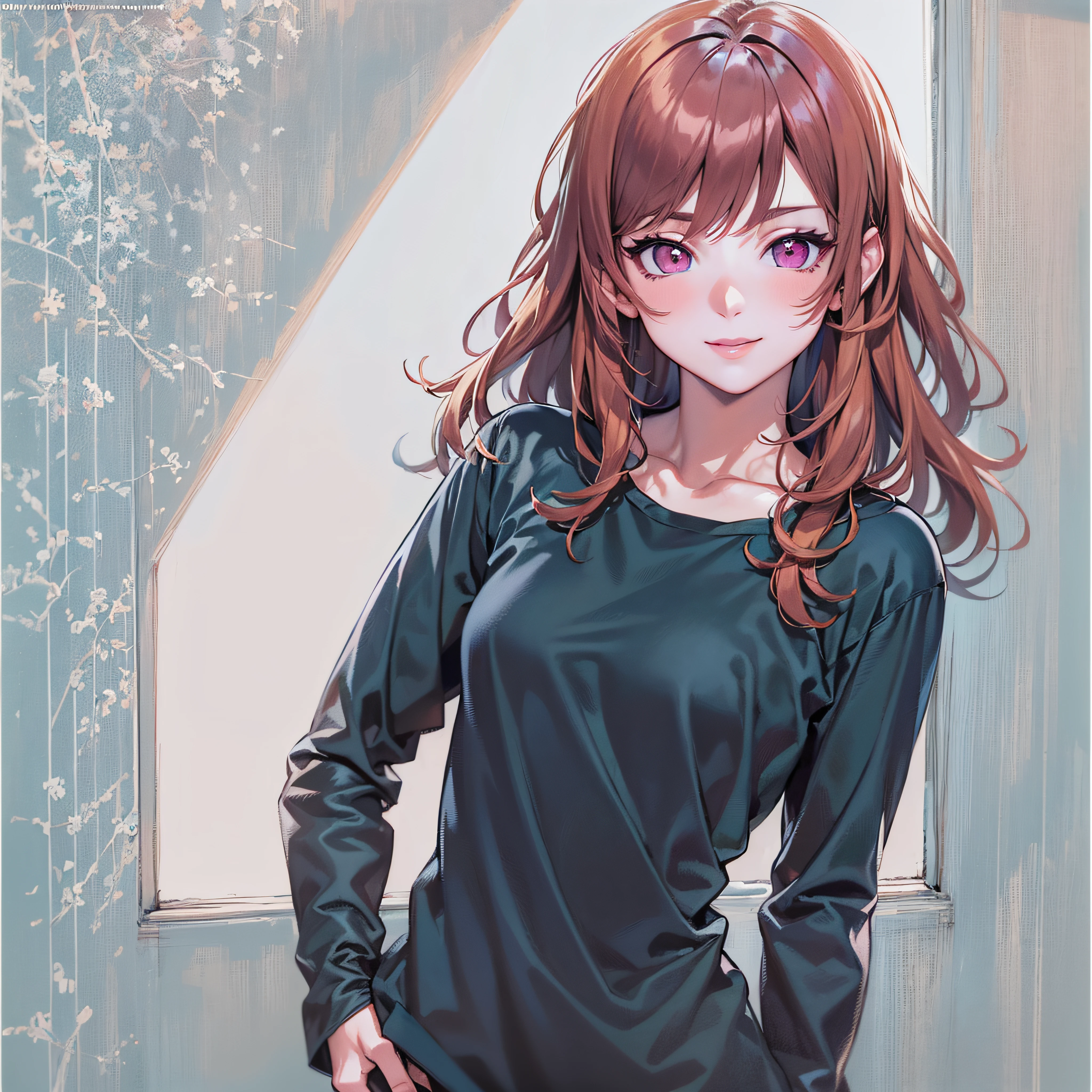 (((masterpiece))), (((best quality))), ((ultra-detailed)), (highly detailed CG illustration), ((an extremely delicate and beautiful)),((Near-black midnight blue t-shirt:1.5)), ((plain t-shirt:1.5)),((long sleeves:1.6)),(Casual T-shirt),(From slight side:1.5), (One hand on the hip:1.3), (The side of one arm is visible),(very loose T-shirt:1.2), Oversized t-shirt, (plain t-shirt), upper body,portrait of an anime girl, (t-shirt without patterns:1.5), ((t-shirt without logo:1.6)),1girl, solo,brown hair, ((Hair shoulder-length:1.3)),(Rich orchid magenta eyes:1.2), looking at viewer,smiling,bad-girl, anime girl with long hair, ((medium breasts:1.2)), Small mole on the lower left side of her mouth, cute natural anime face, detailed anime soft face, cute anime face, flat anime style shading, face anime portrait, made with anime painter studio, semirealistic anime style, perfect anime face, extremely cute anime girl face, high detailed face anime, pretty anime face, semi realistic anime, detailed anime face