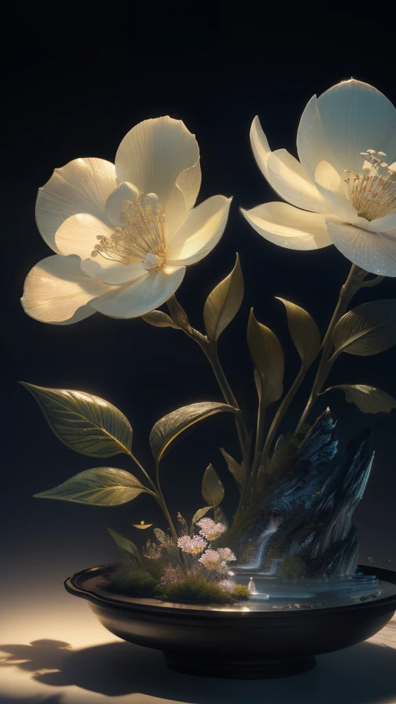 Best quality, Realistic, Photorealistic, Ultra detailed, "Mountain of flowers and fruits+Fairy+Chinese architecture" highly detailed carvings "Southern Ice" porcelain,ultra-wide-angle,emphasis lighting,voluminetric lighting,back lit lighting, (Detailed light),((An extremely delicate and beautiful)),Dramatic_black shadows,Ray_tracing,hdr