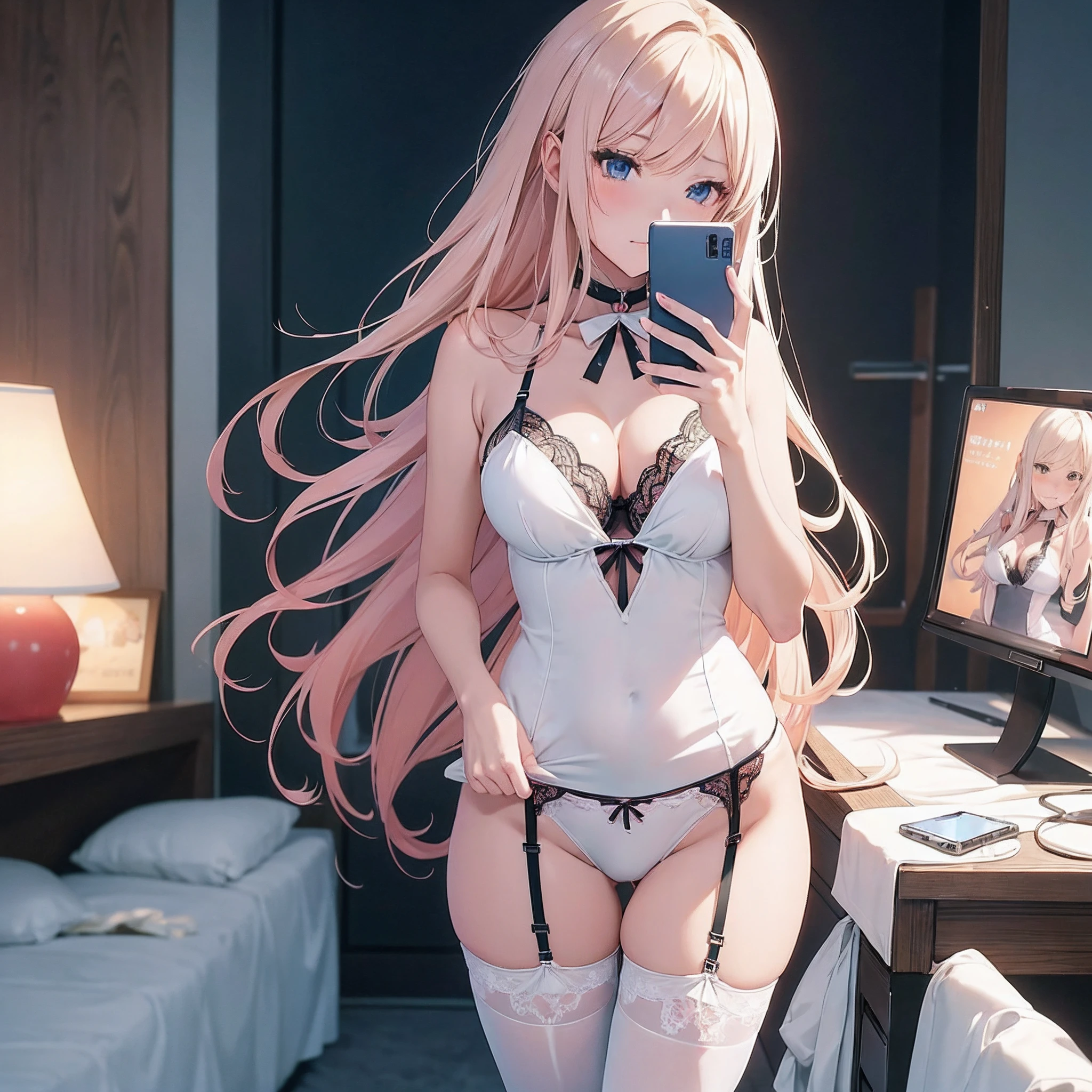 anime girl in lingerie taking a selfie with her phone, seductive anime girl, attractive anime girl, beautiful alluring anime woman, ecchi anime style, beautiful anime girl, ecchi, anime girl, beautiful alluring anime teen, anime girls, (anime girl), [ 4 k digital art ]!!, beautiful anime woman, digital anime art!!, anime barbie in white stockings