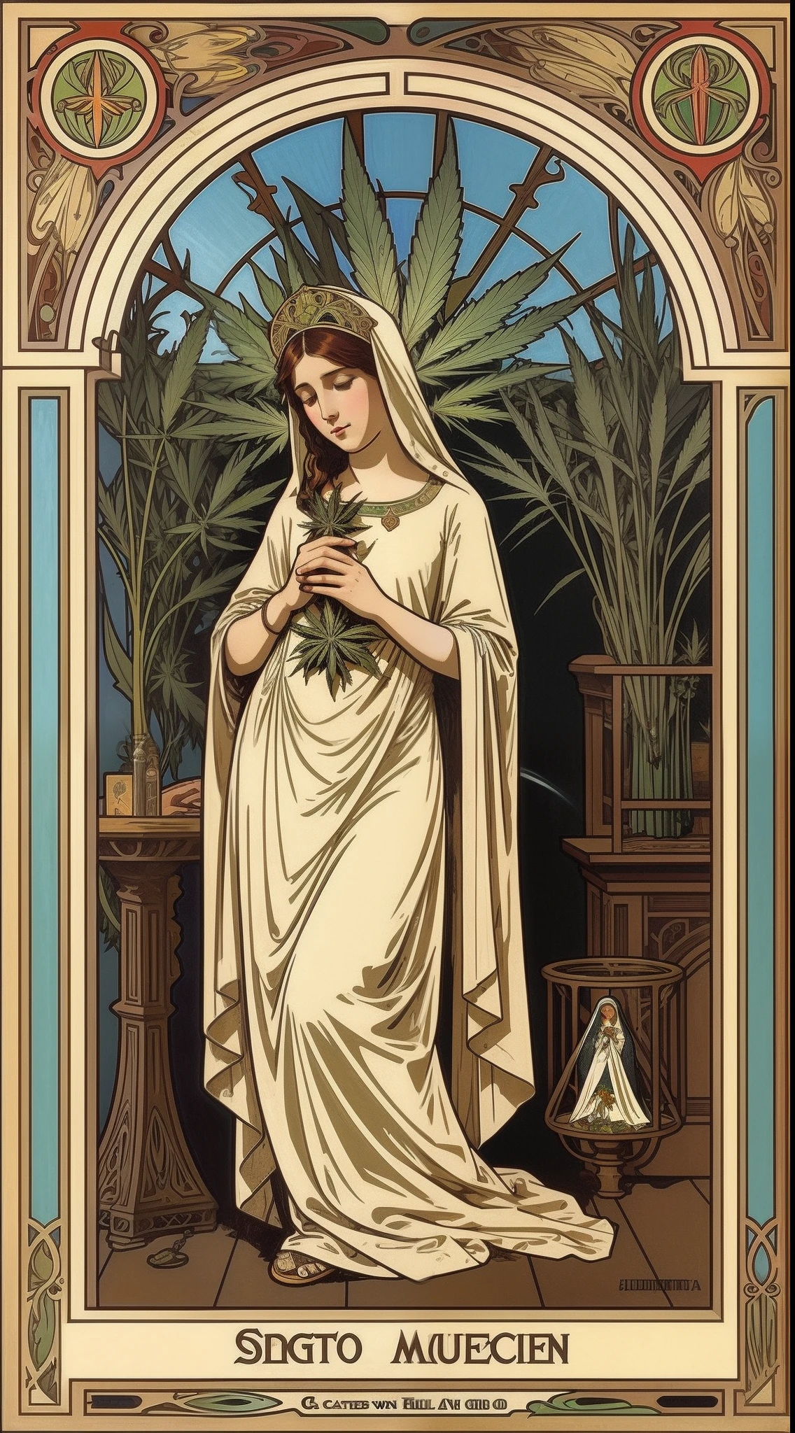 Blessed virgin mary smoking a spliff. Surrounded by cannabis.(1 girl). Alphonse Mucha style
