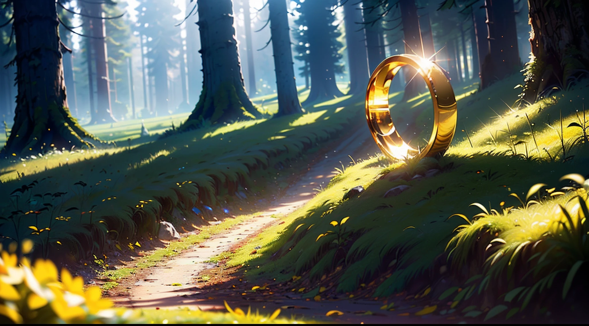 One golden and shine ring, smooth and without textures, forest in the background, depth of field, dynamic composition, ultra definition, ultra resolution, volumetric light, soft lighting