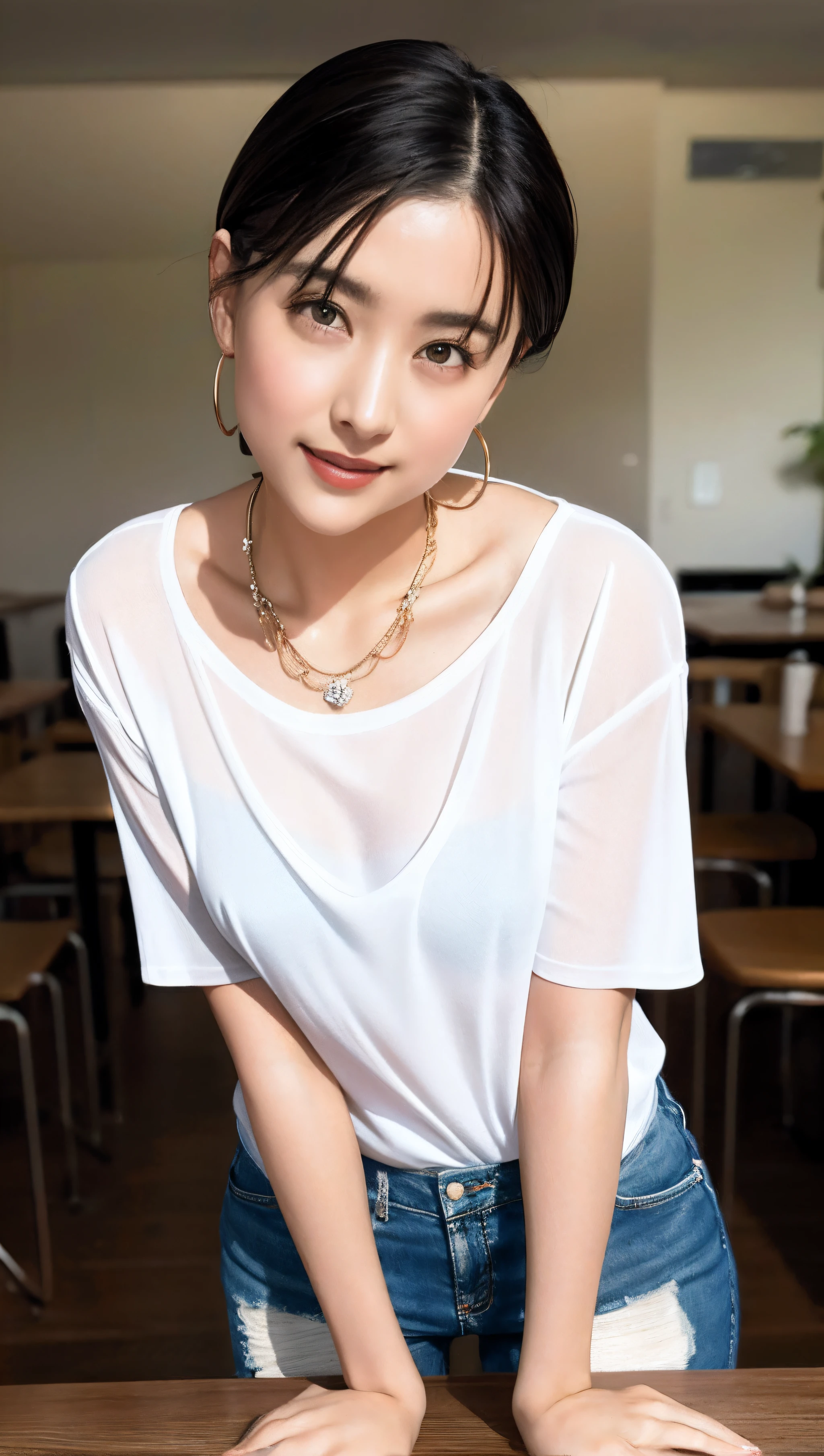 ((top-quality, ​masterpiece, hight resolution)), ((Realisticity)),Portrait of beautiful woman、up on the face、Shoulder Shots、 One girl，28 years old、 Shyneseautiful black hair、short-cut、 realistic skin textures，Cute white off-shoulder、ciinematic light、dark backgroundlue-gray tones、softlight、award winning photography,