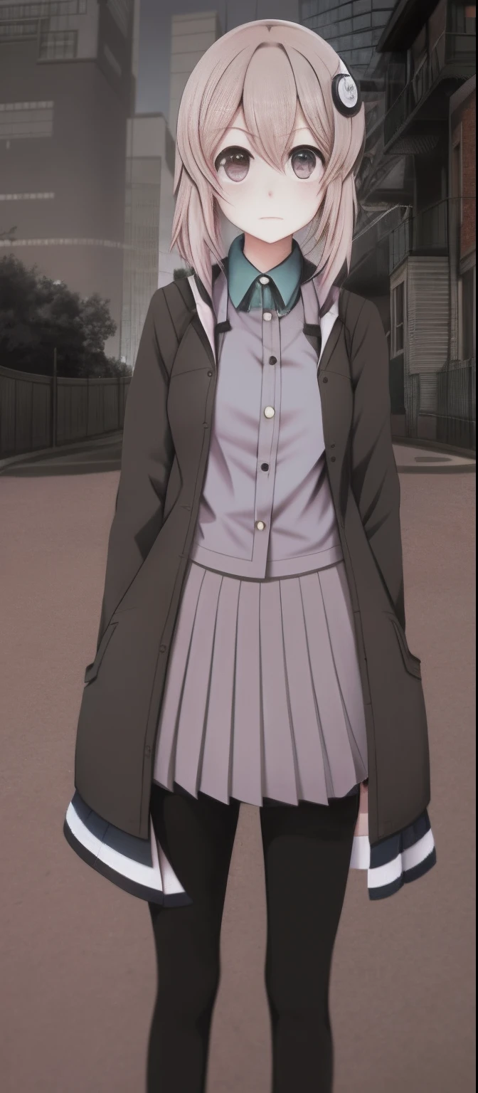 Close-up of a person standing in the street，The background is a train, Realistic schoolgirl, Surrealism female students, JK school uniform, Surrealism female students, realistic dress, girls frontline style, feminine outfit, Magical school student uniform, chiaki nanami from danganronpa, akane owari danganronpa, professor clothes，gigantic cleavage breasts