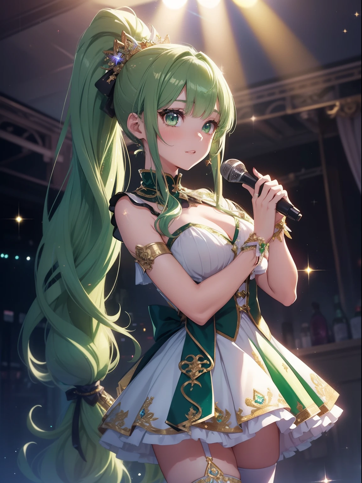masutepiece, High resolution, 8K, anime woman, Delicate and detailed writing 、Detailed digital illustration、absurdly long hair、(((Ponytail)))、Shiny hair、a very beautiful woman、Eyes are double, Large,Little hanging eyes、 Bust E Cup、High image quality, High quality、Detailed background、(((Wearing idol clothes)))、((Glittering live stage backdrop))、The inside of the eye shines like a diamond、(((Dark green hair)))、Gradient pupil、(((2 arms、4 fingers, 1 thumb)))、Detailed female face、Very beautiful and cute woman、、细致背景、masterpiece、Soft Focus , Bright gradient watercolor , Lens Flare , (((Glitter))) , Glow , Dreamy , (((Holding the microphone in her hand)))、a miniskirt、Idol、Light Green Ribbon、Very beautiful light green rose hair accessories、Light green and gold costume with white as the main color、((POV))、Cool Girl、Tall lady、Dignified.((diagonal bangs))