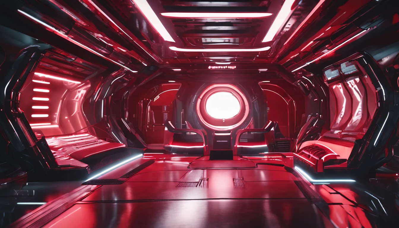Nave espacial roja con blanco y negro, futuristic tech, Bright neon lighting, Realistic details and vivid textures.