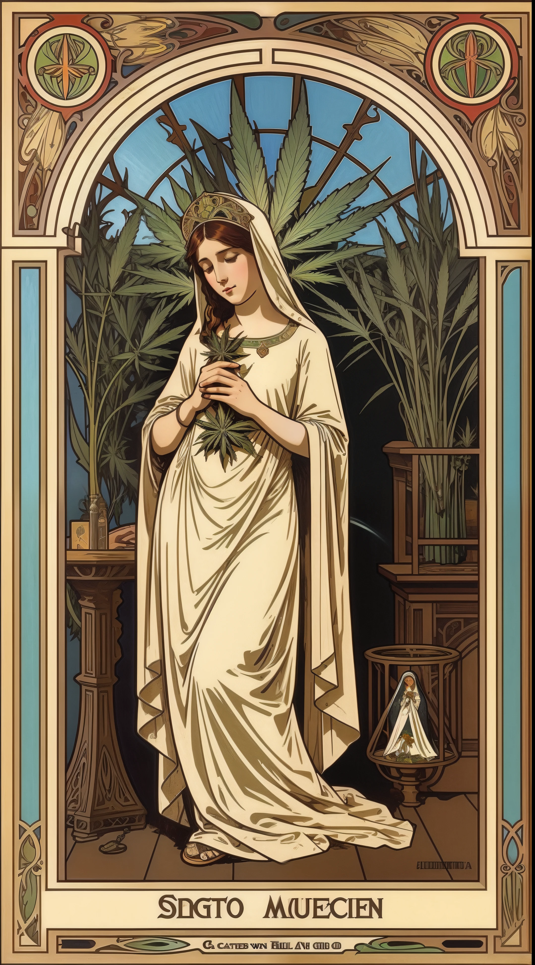 Blessed virgin mary smoking a spliff. Surrounded by ????????.(1 girl). Alphonse Mucha style